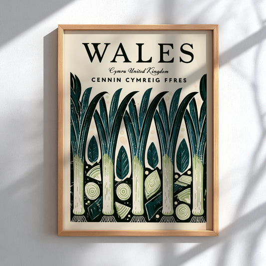 Wales kitchen poster featuring leeks in vibrant colors, nature-inspired design, perfect for kitchen decor.