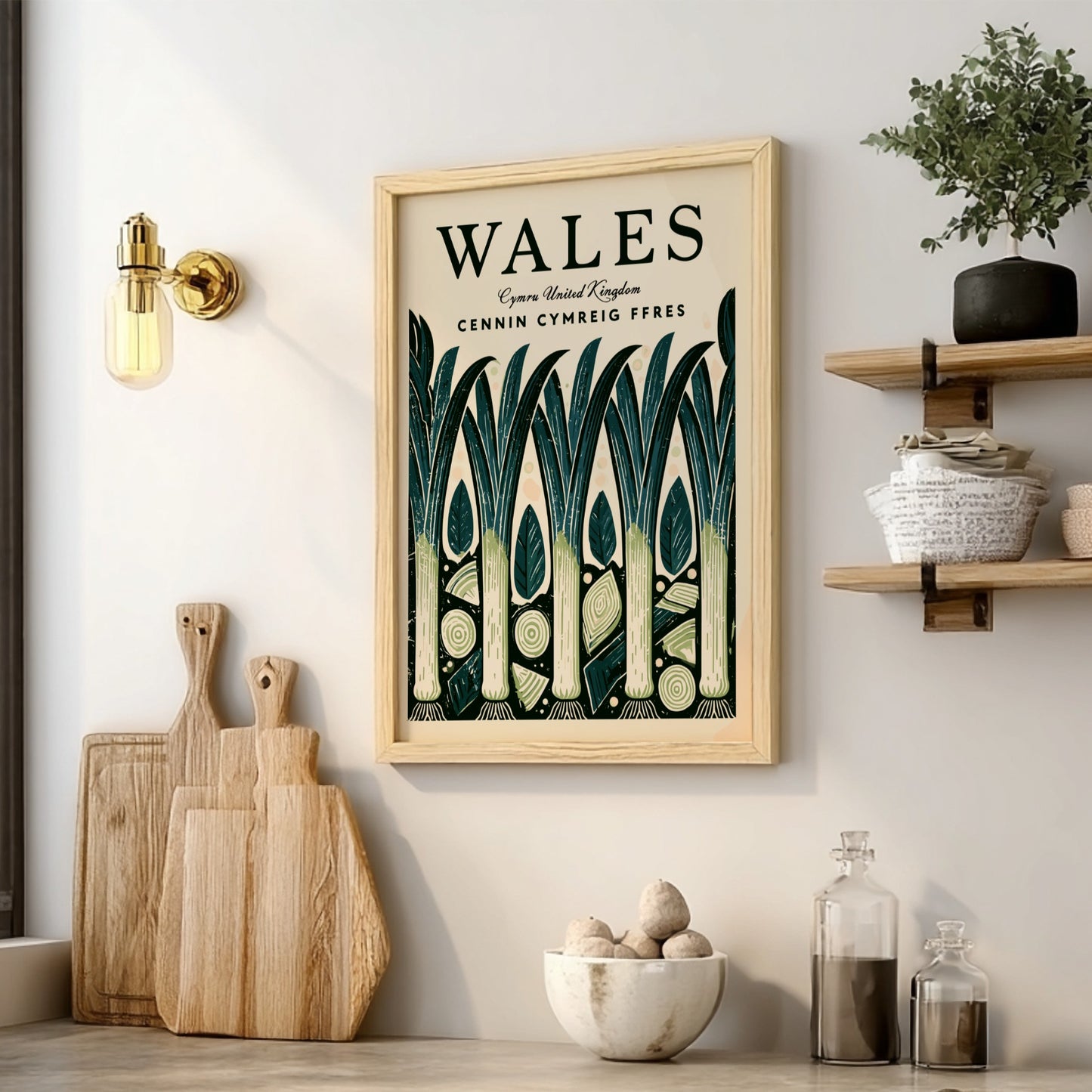 Wales kitchen poster featuring leeks in vibrant colors, nature-inspired design, perfect for kitchen decor.