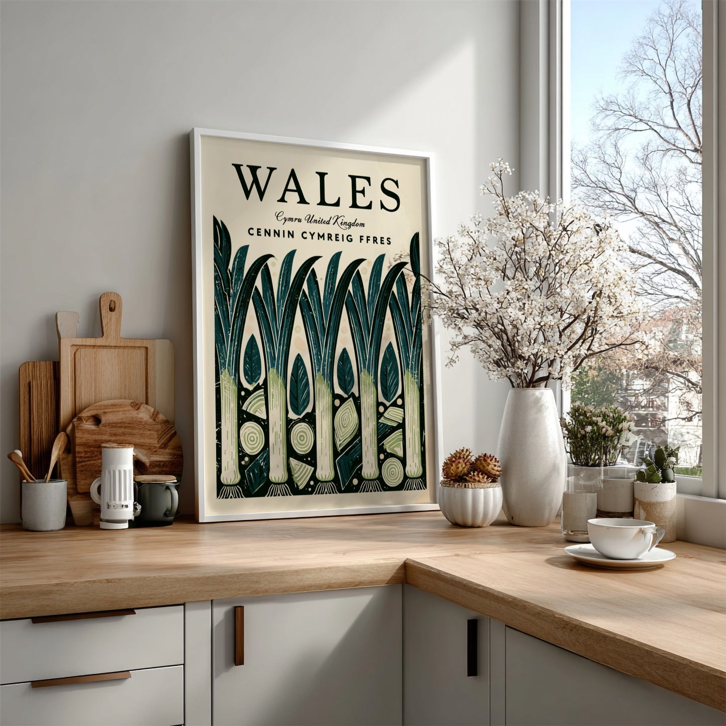 Wales kitchen poster featuring leeks in vibrant colors, nature-inspired design, perfect for kitchen decor.