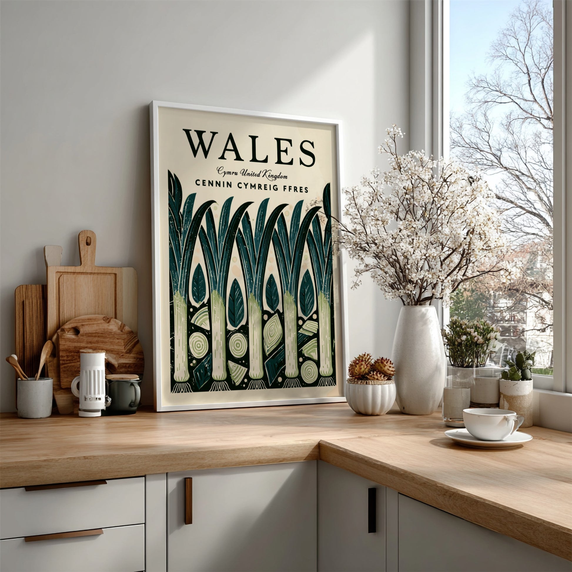 Wales kitchen poster featuring leeks in vibrant colors, nature-inspired design, perfect for kitchen decor.
