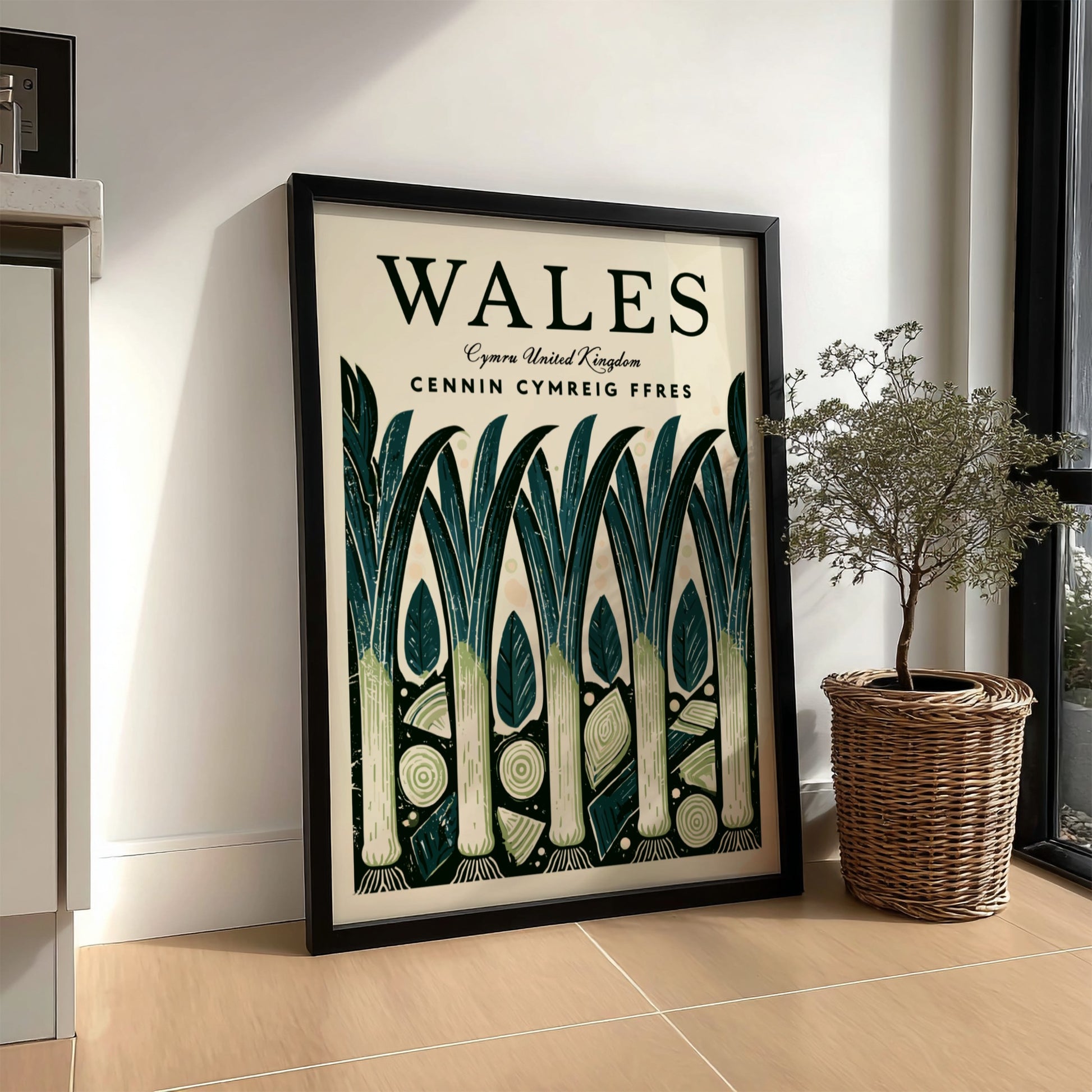 Wales kitchen poster featuring leeks in vibrant colors, nature-inspired design, perfect for kitchen decor.
