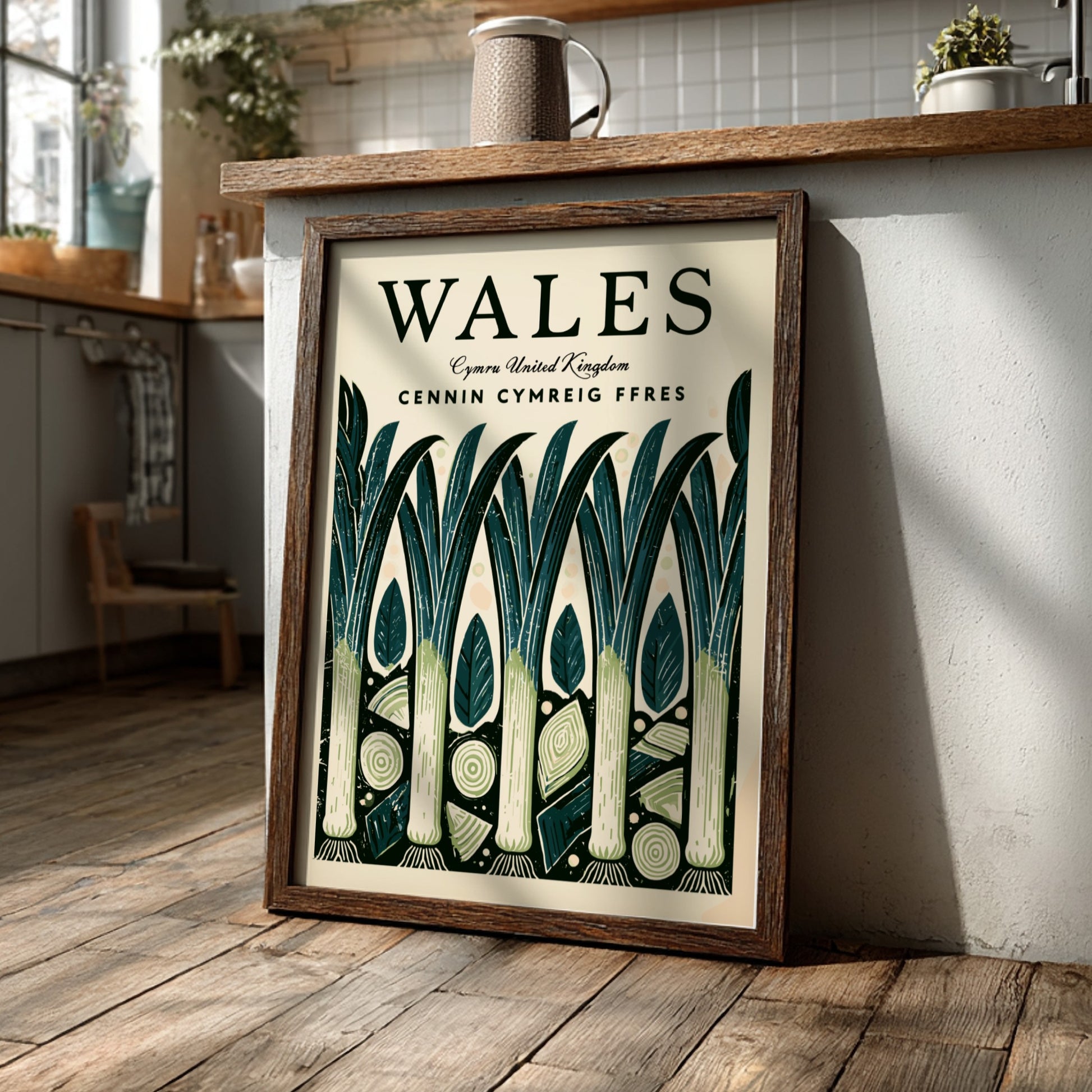 Wales kitchen poster featuring leeks in vibrant colors, nature-inspired design, perfect for kitchen decor.
