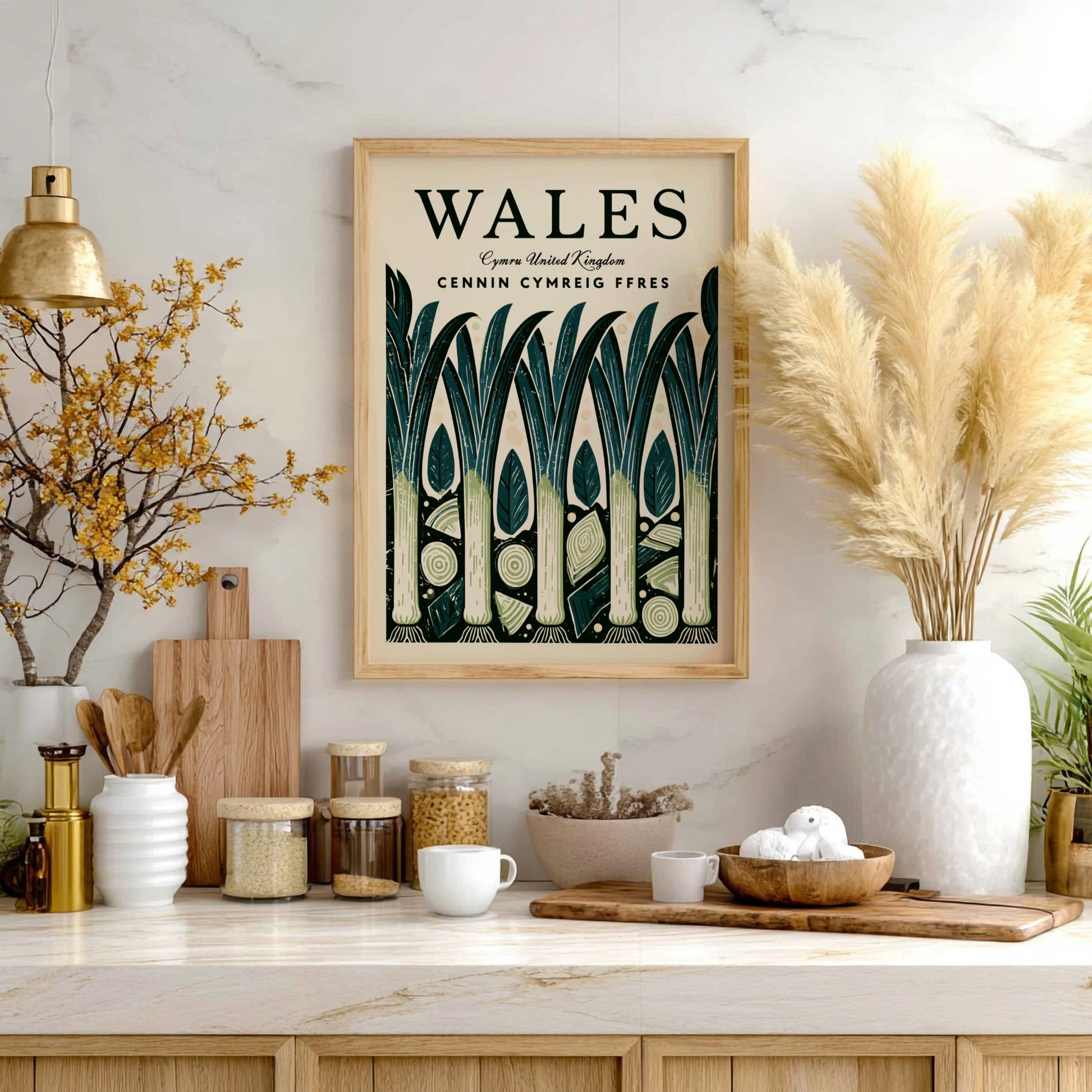 Wales kitchen poster featuring leeks in vibrant colors, nature-inspired design, perfect for kitchen decor.