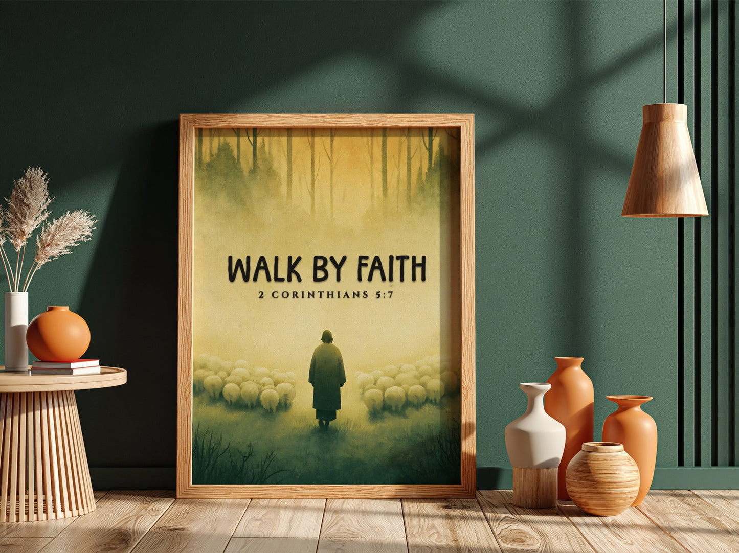 Walk by Faith Poster featuring a serene landscape and 2 Corinthians 5:7 verse, soft colors, inspirational