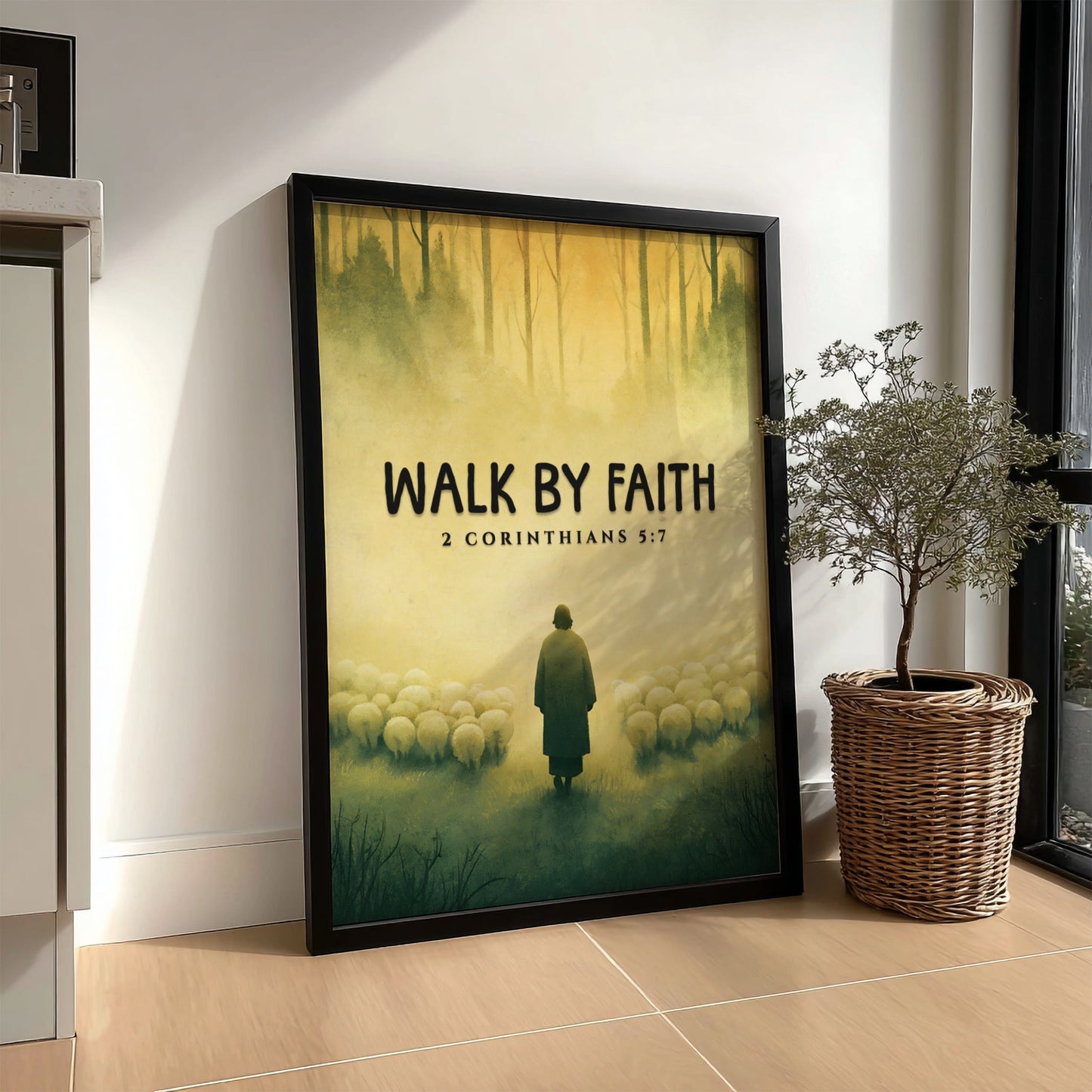Walk by Faith Poster featuring a serene landscape and 2 Corinthians 5:7 verse, soft colors, inspirational