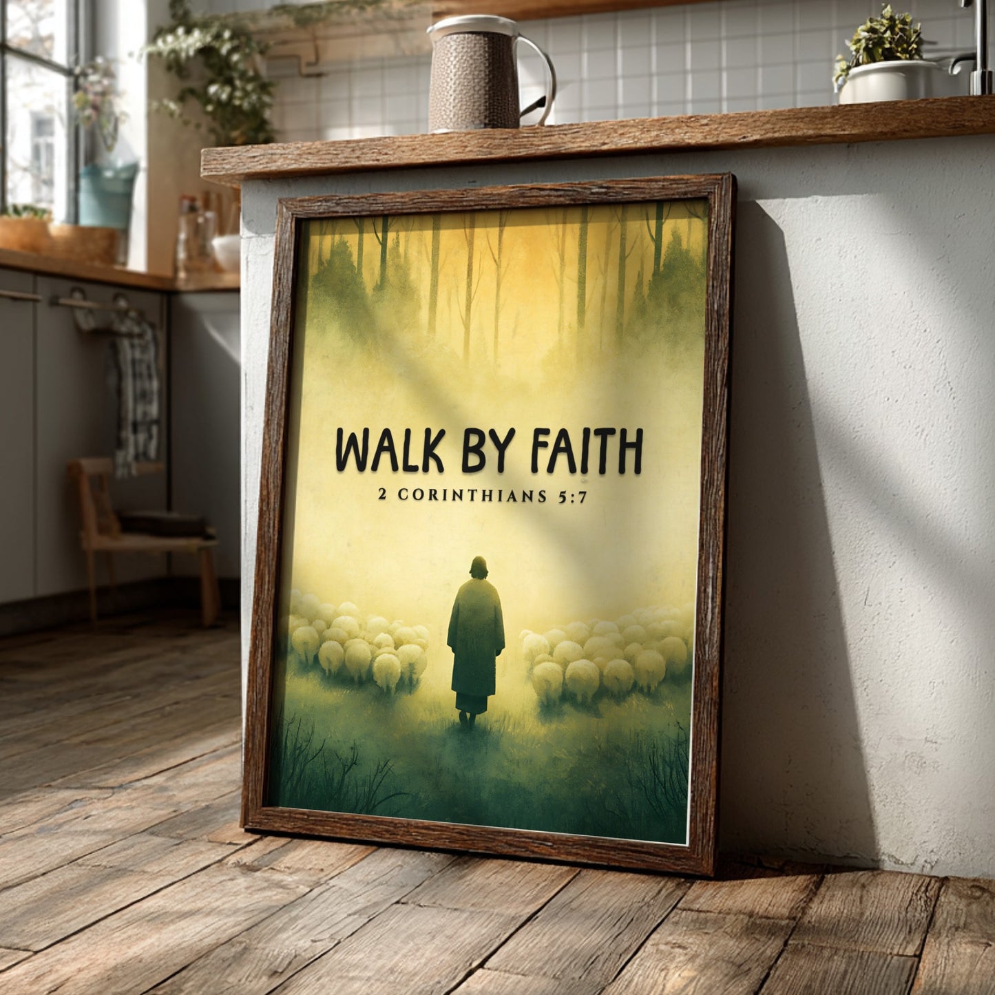 Walk by Faith Poster featuring a serene landscape and 2 Corinthians 5:7 verse, soft colors, inspirational