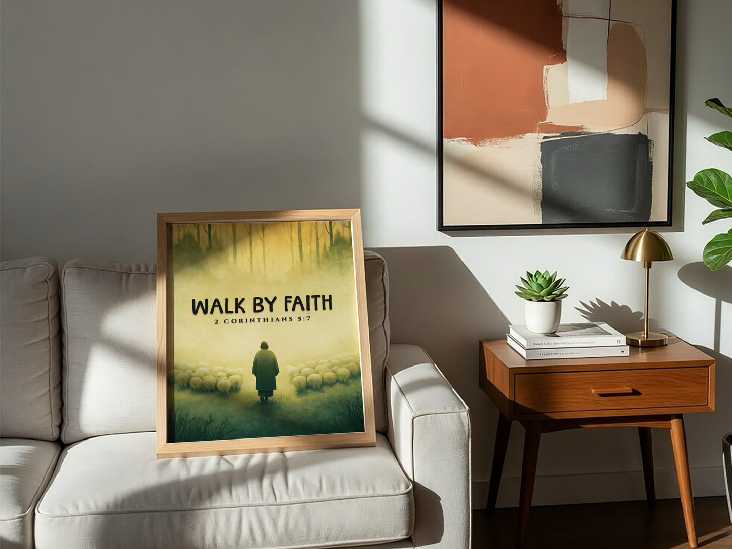 Walk by Faith Poster featuring a serene landscape and 2 Corinthians 5:7 verse, soft colors, inspirational
