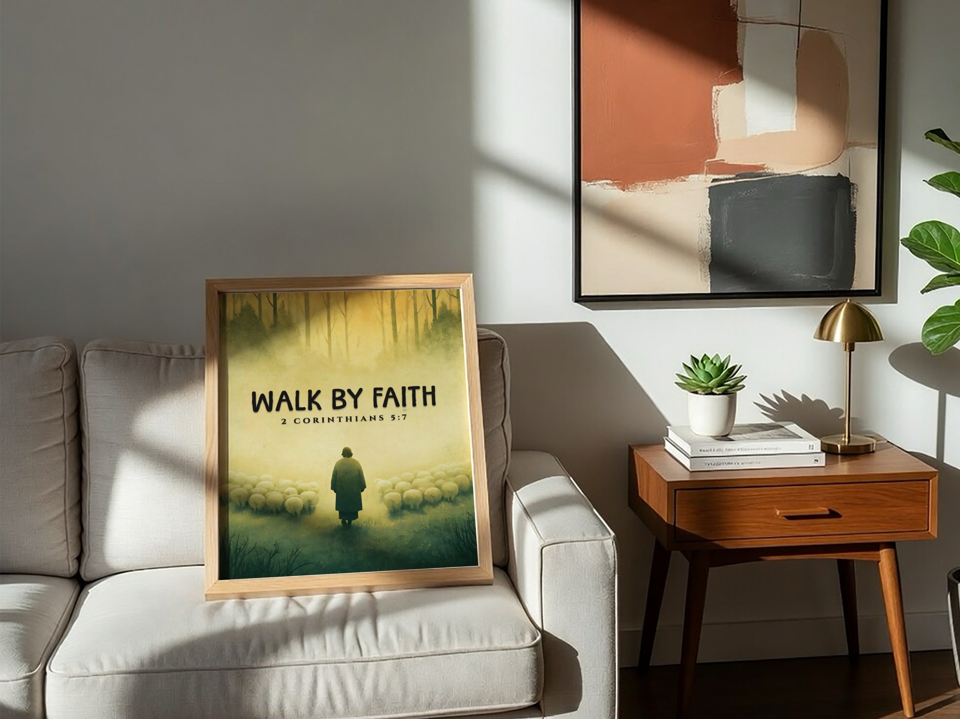 Walk by Faith Poster featuring a serene landscape and 2 Corinthians 5:7 verse, soft colors, inspirational