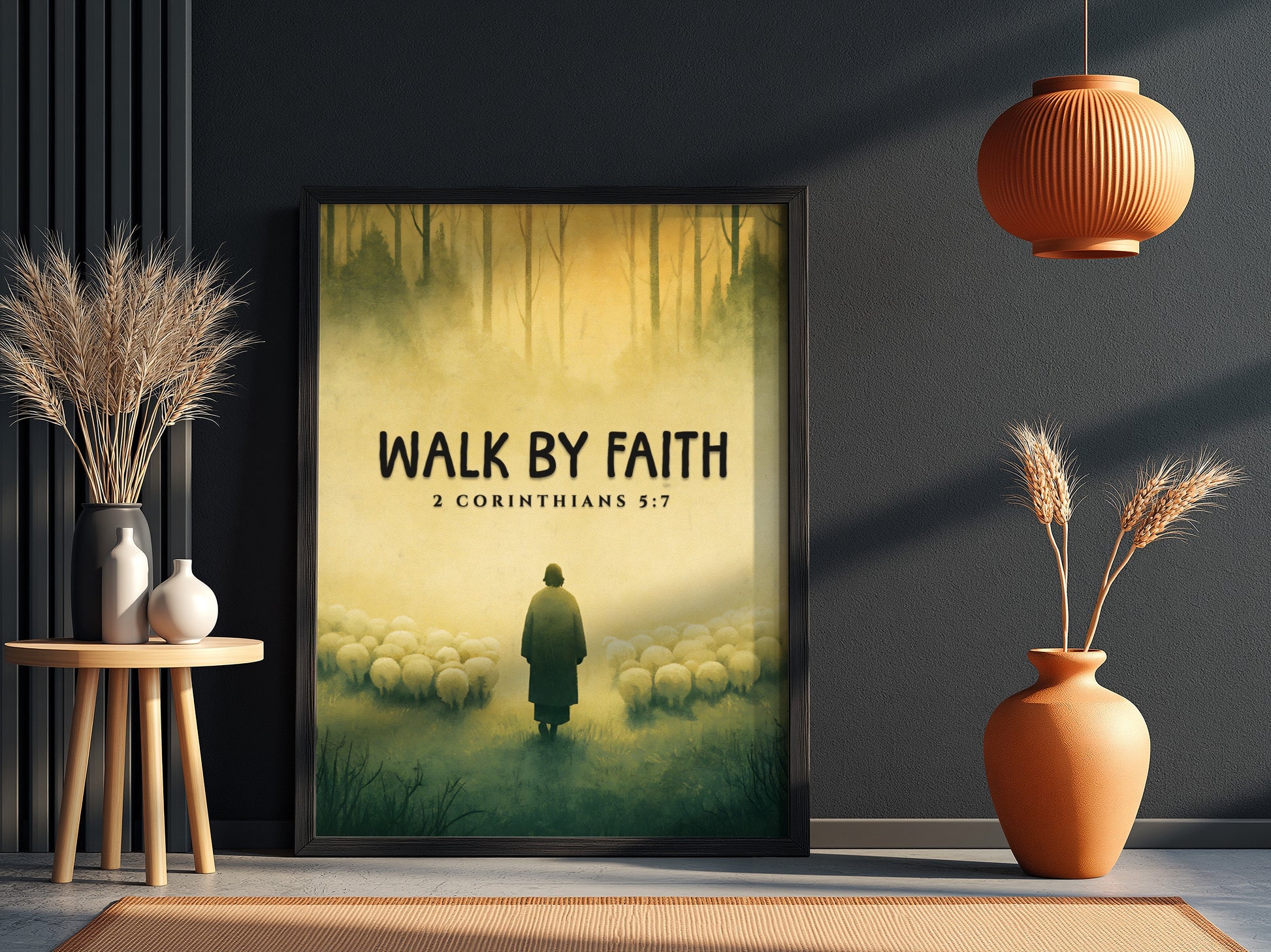 Walk by Faith Poster featuring a serene landscape and 2 Corinthians 5:7 verse, soft colors, inspirational