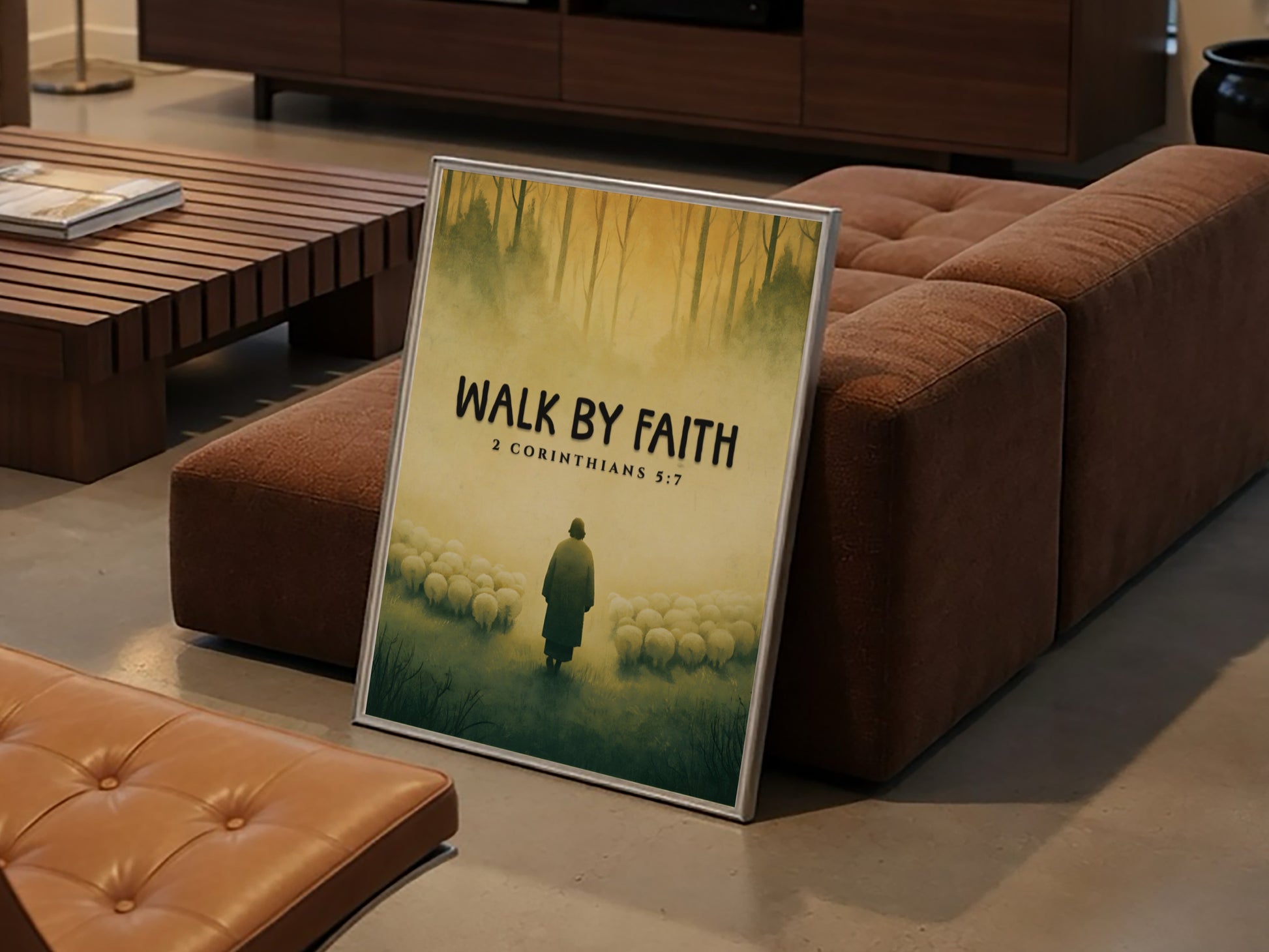 Walk by Faith Poster featuring a serene landscape and 2 Corinthians 5:7 verse, soft colors, inspirational