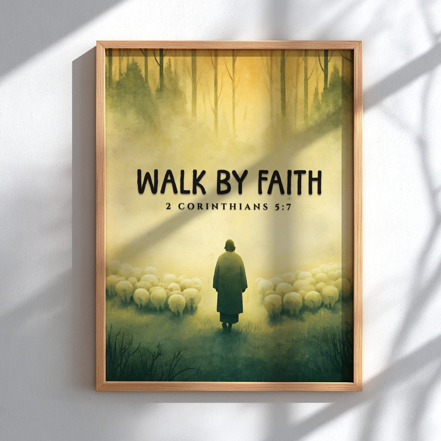Walk by Faith Poster featuring a serene landscape and 2 Corinthians 5:7 verse, soft colors, inspirational