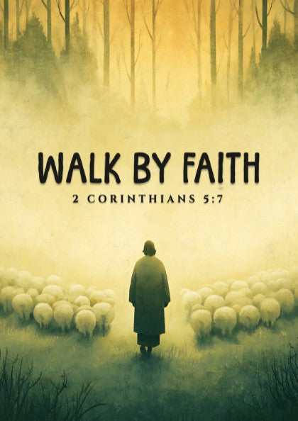 Walk by Faith Poster featuring a serene landscape and 2 Corinthians 5:7 verse, soft colors, inspirational