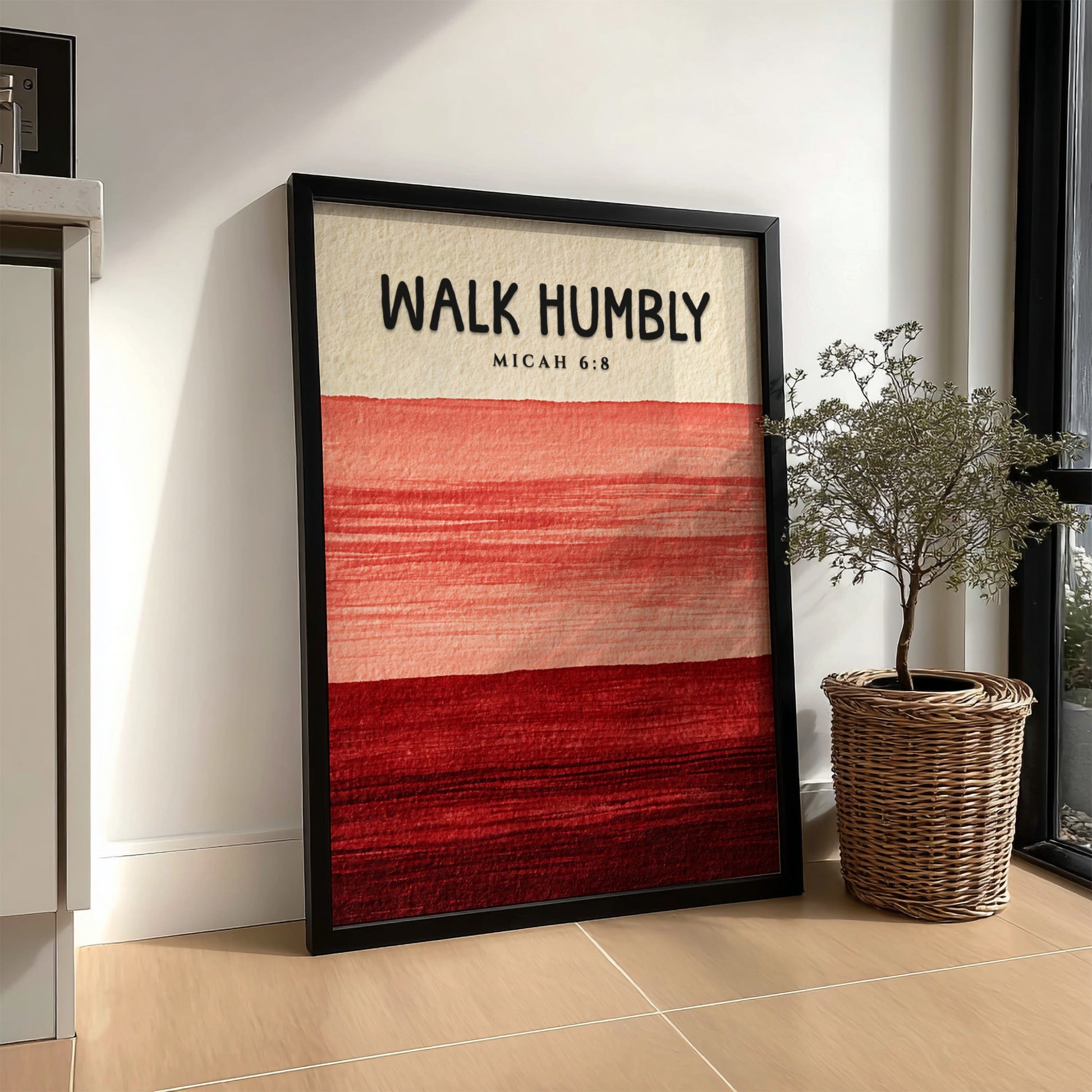 Walk Humbly Poster featuring Micah 6:8 in warm red and pink tones, minimalist design for inspirational decor