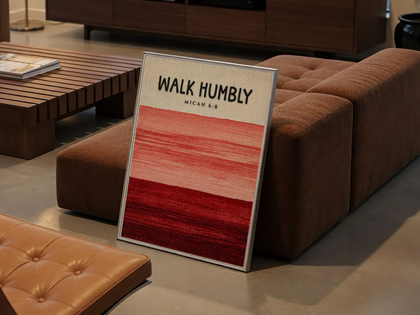 Walk Humbly Poster featuring Micah 6:8 in warm red and pink tones, minimalist design for inspirational decor