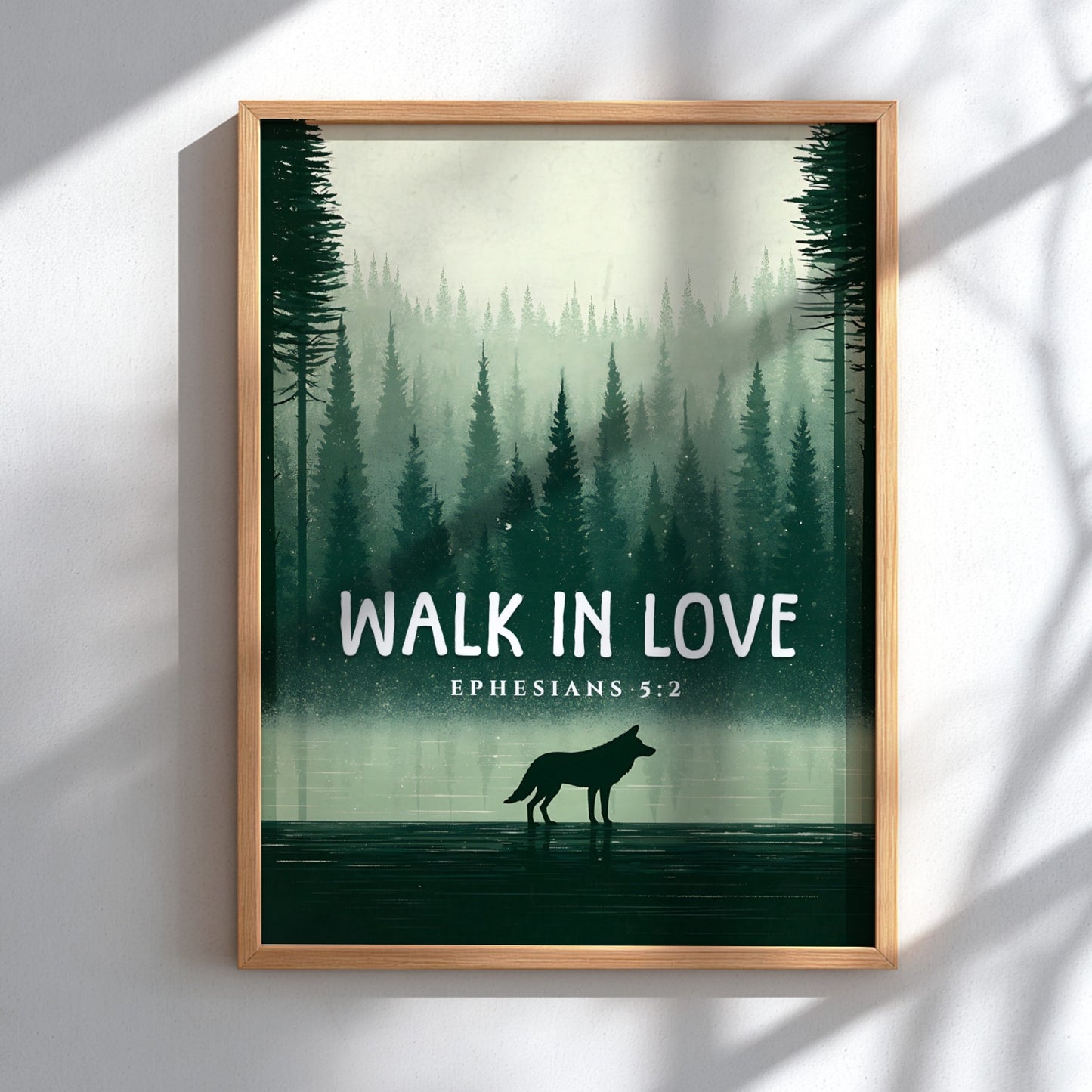 Walk in Love Poster featuring a serene forest scene with muted greens, inspirational wall art based on