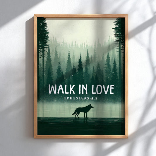Walk in Love Poster featuring a serene forest scene with muted greens, inspirational wall art based on