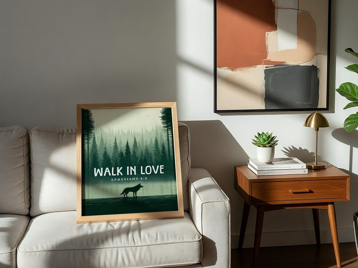 Walk in Love Poster featuring a serene forest scene with muted greens, inspirational wall art based on