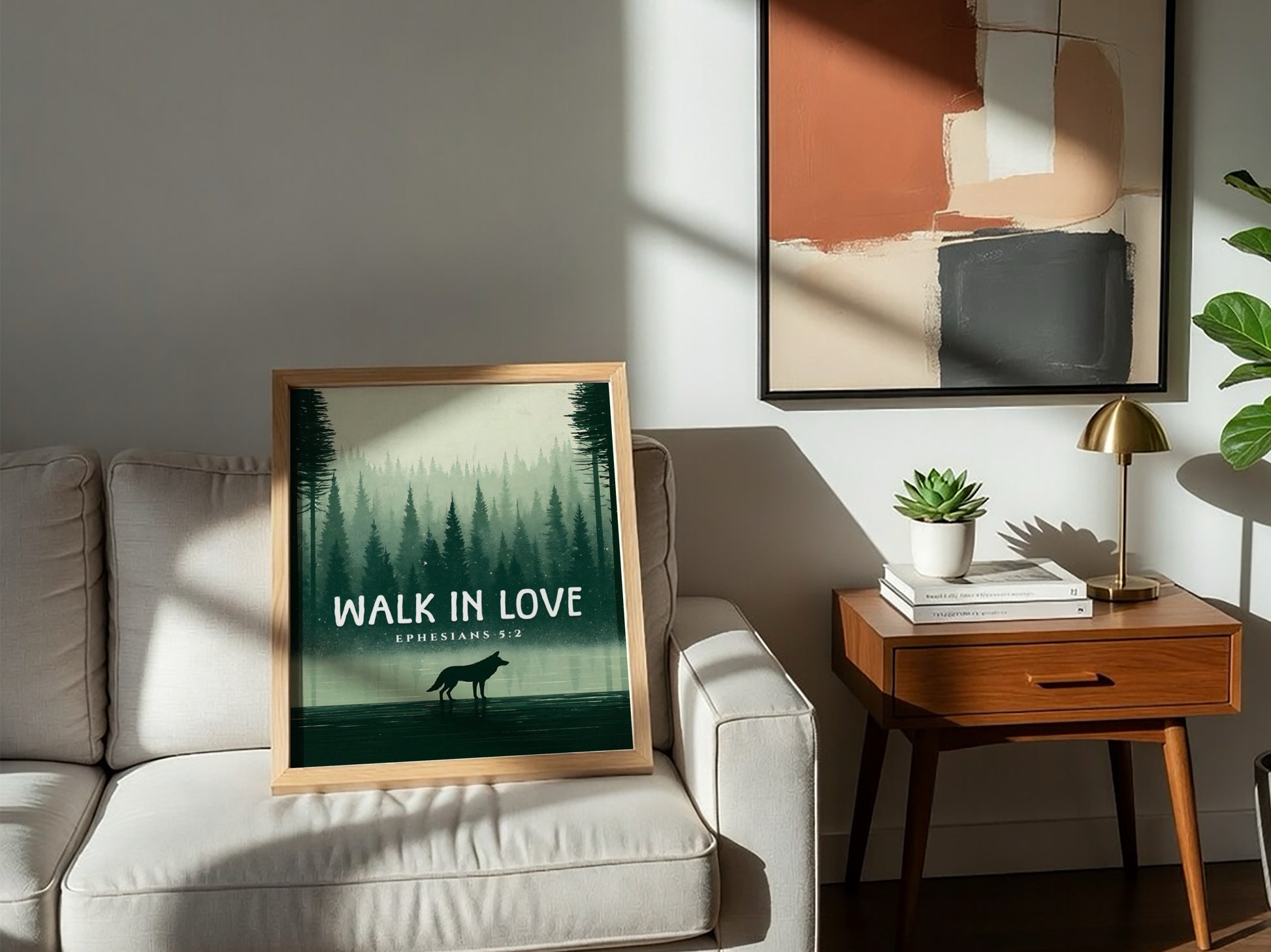 Walk in Love Poster featuring a serene forest scene with muted greens, inspirational wall art based on