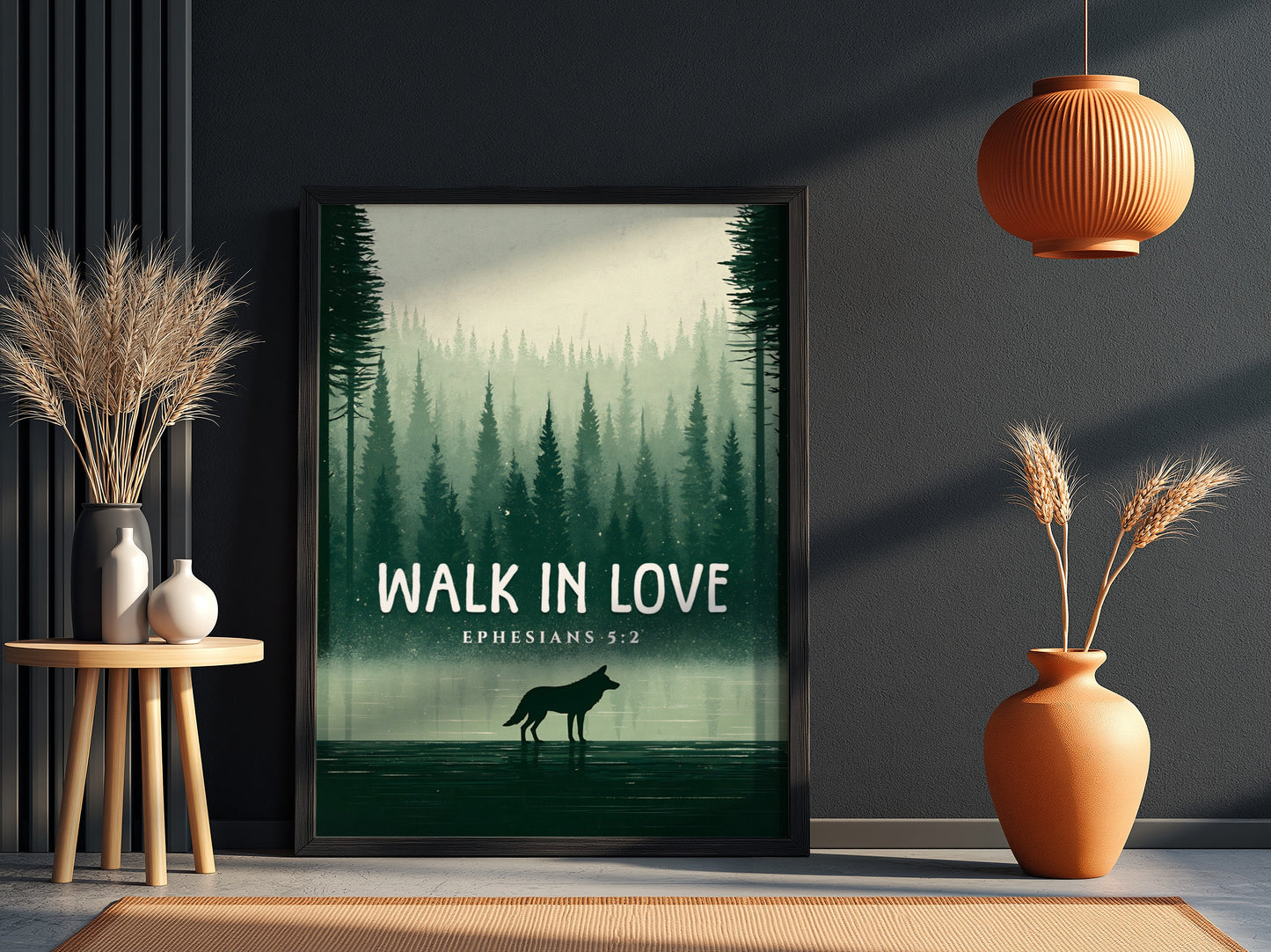 Walk in Love Poster featuring a serene forest scene with muted greens, inspirational wall art based on
