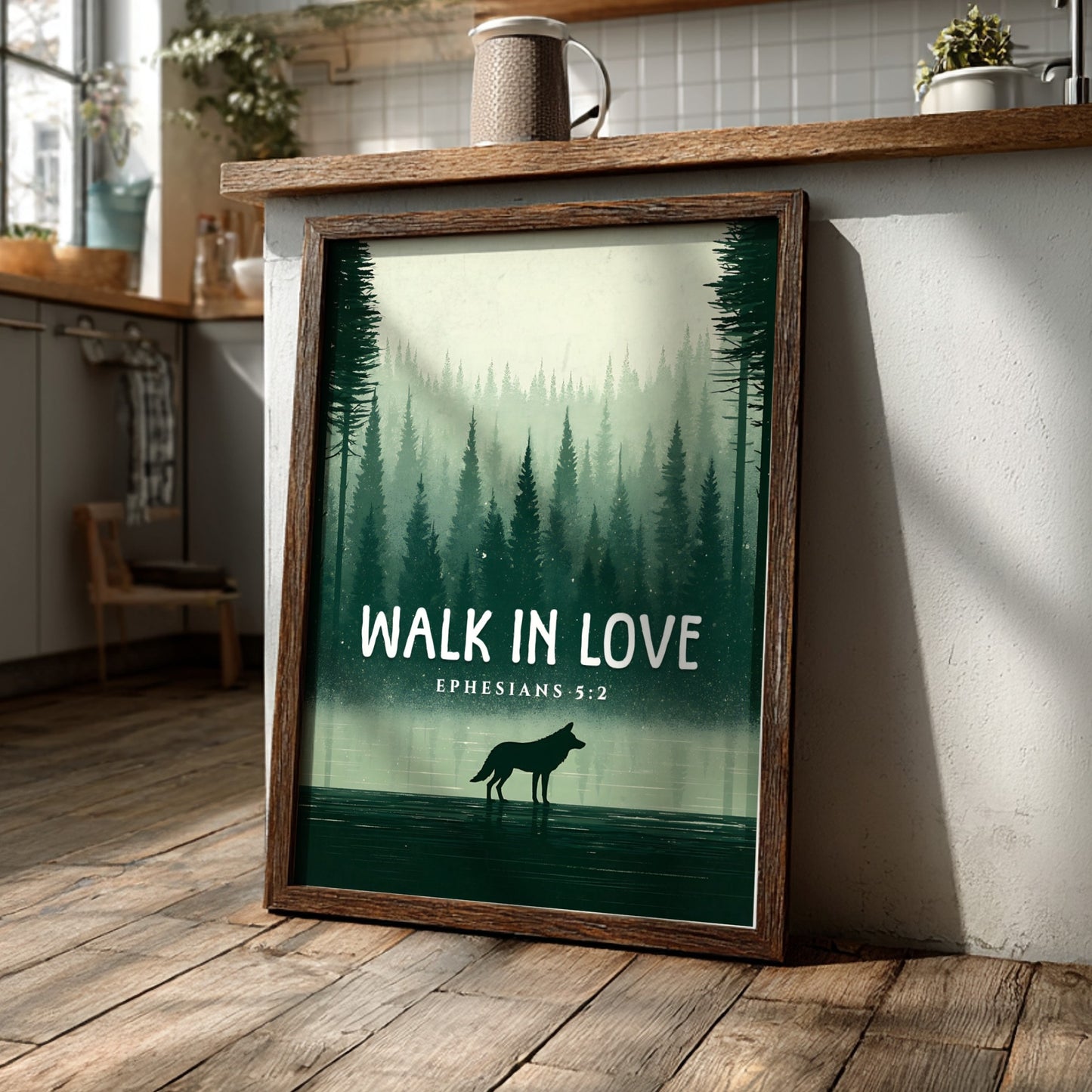Walk in Love Poster featuring a serene forest scene with muted greens, inspirational wall art based on