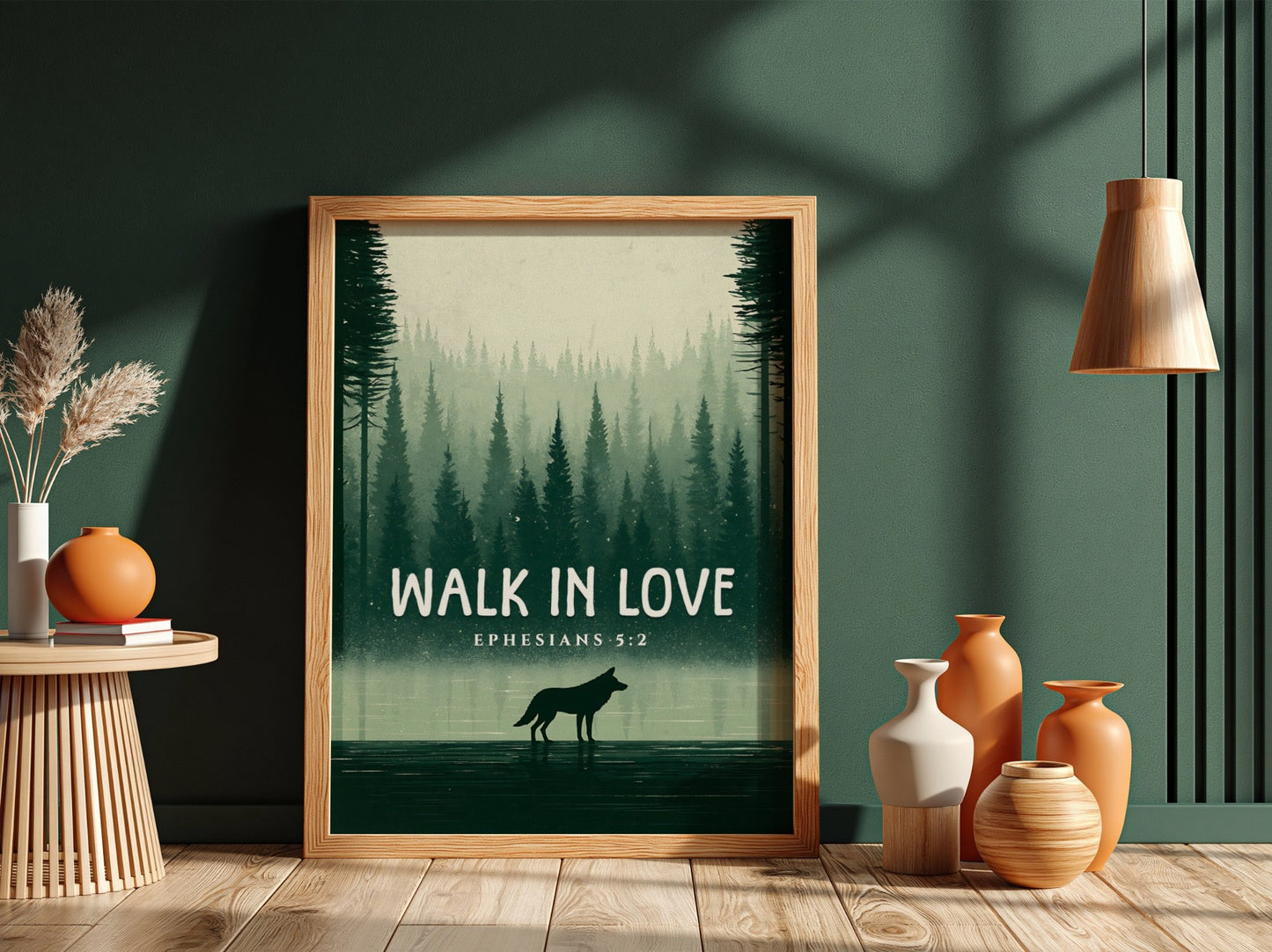 Walk in Love Poster featuring a serene forest scene with muted greens, inspirational wall art based on