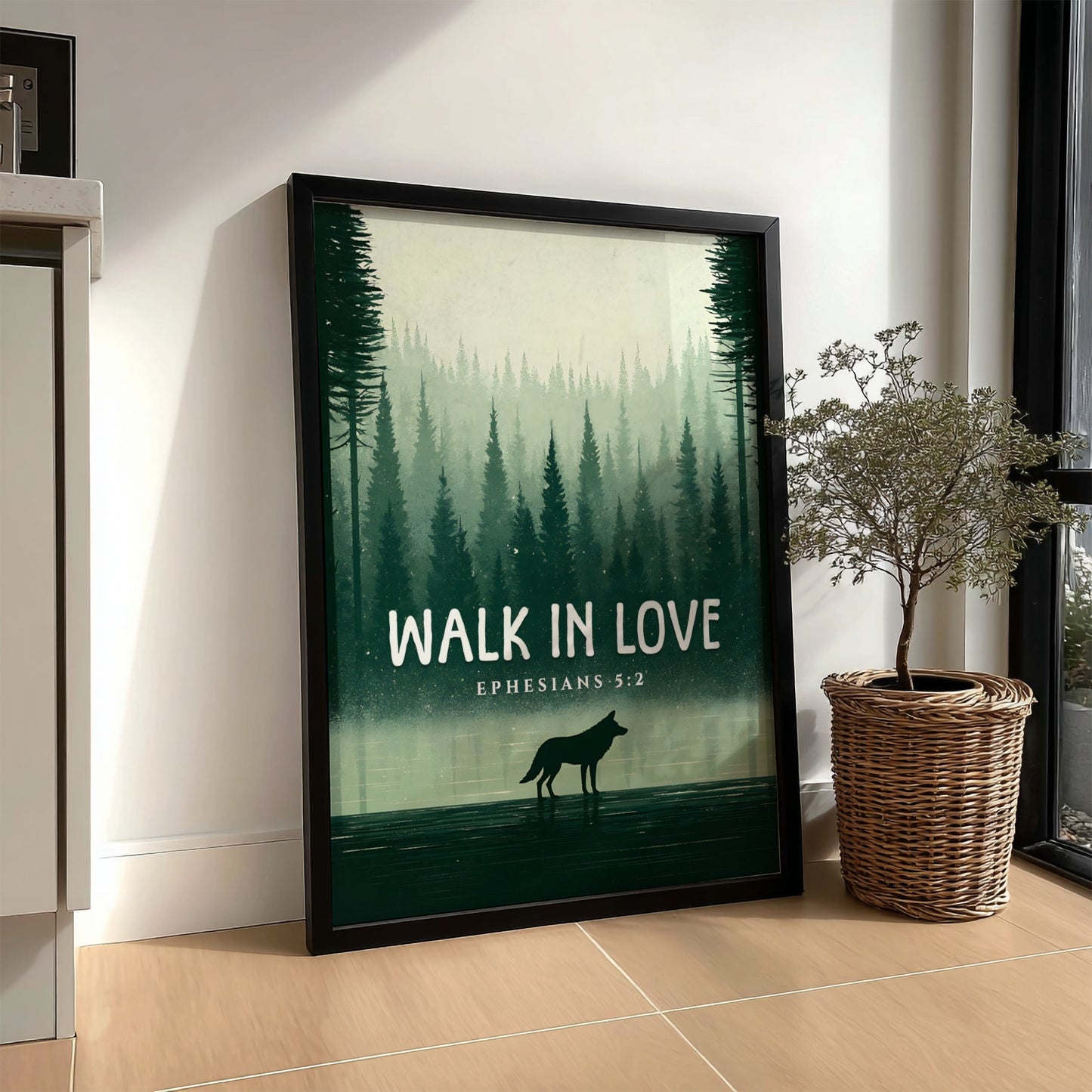 Walk in Love Poster featuring a serene forest scene with muted greens, inspirational wall art based on