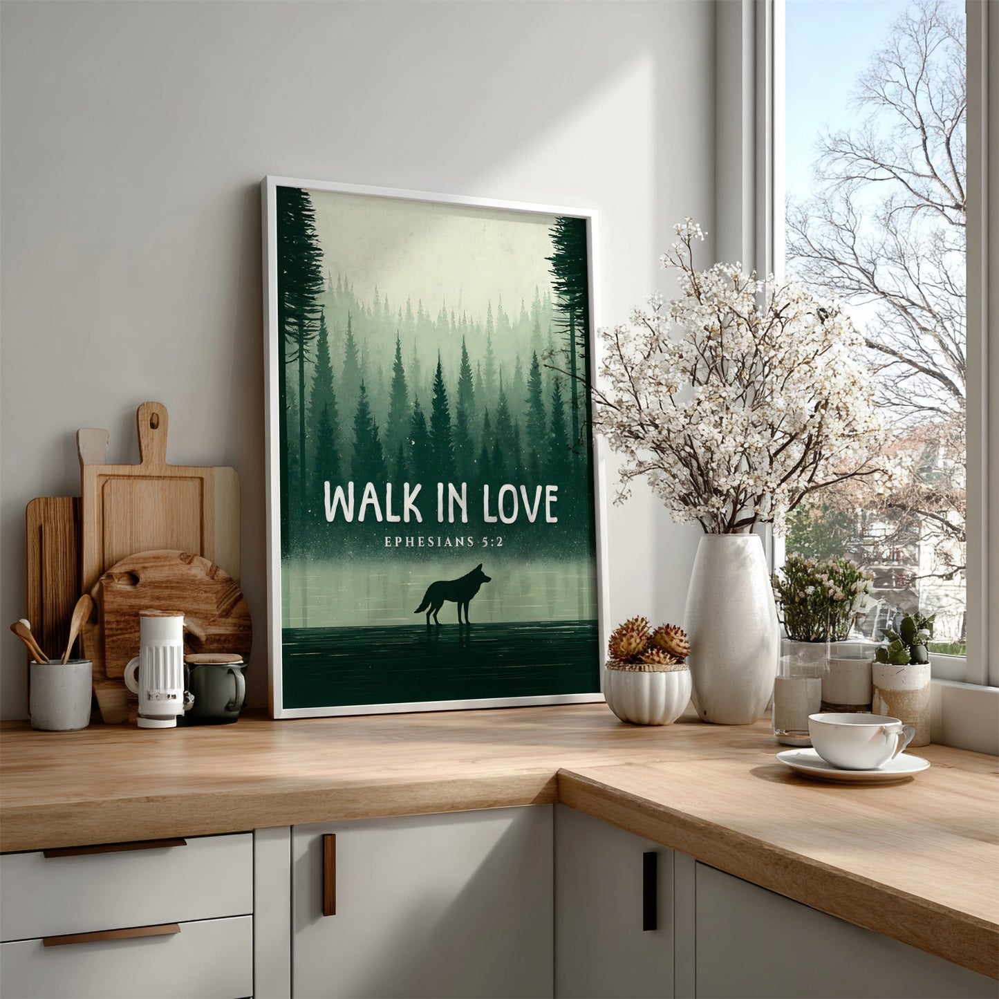 Walk in Love Poster featuring a serene forest scene with muted greens, inspirational wall art based on
