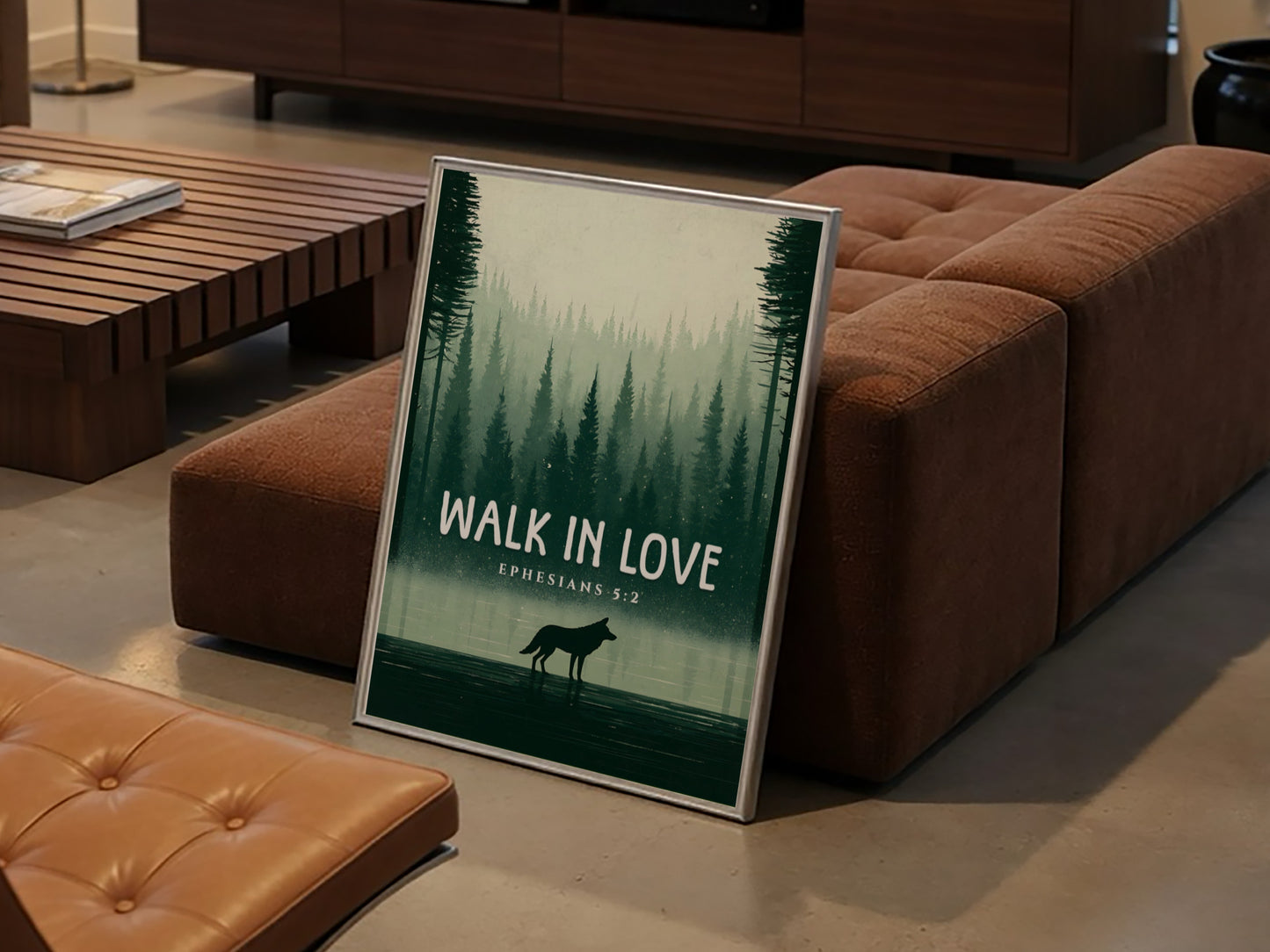 Walk in Love Poster featuring a serene forest scene with muted greens, inspirational wall art based on