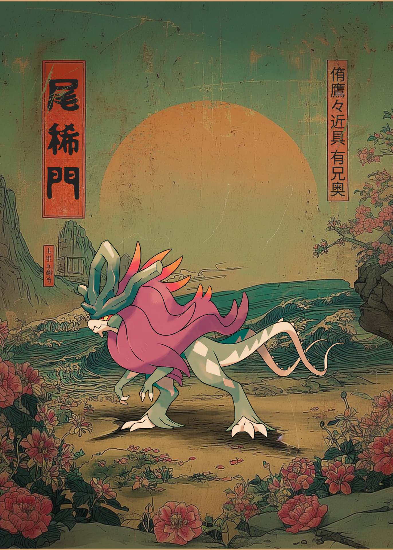 Walking Wake Pokemon in a stylized landscape with mountains and flowers.