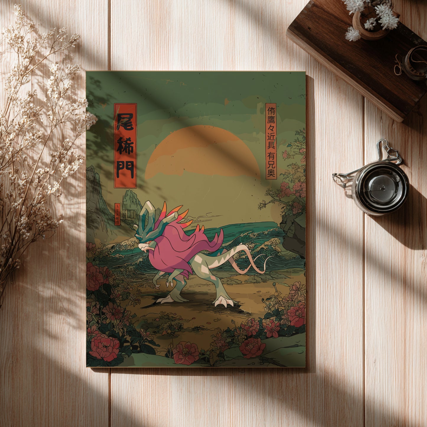 Framed artwork of Walking Wake Pokemon on a wooden surface with a cup and flowers.