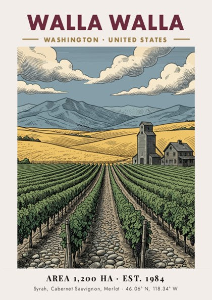 Poster featuring Walla Walla vineyards with golden hills, a farmhouse, and distant mountains.
