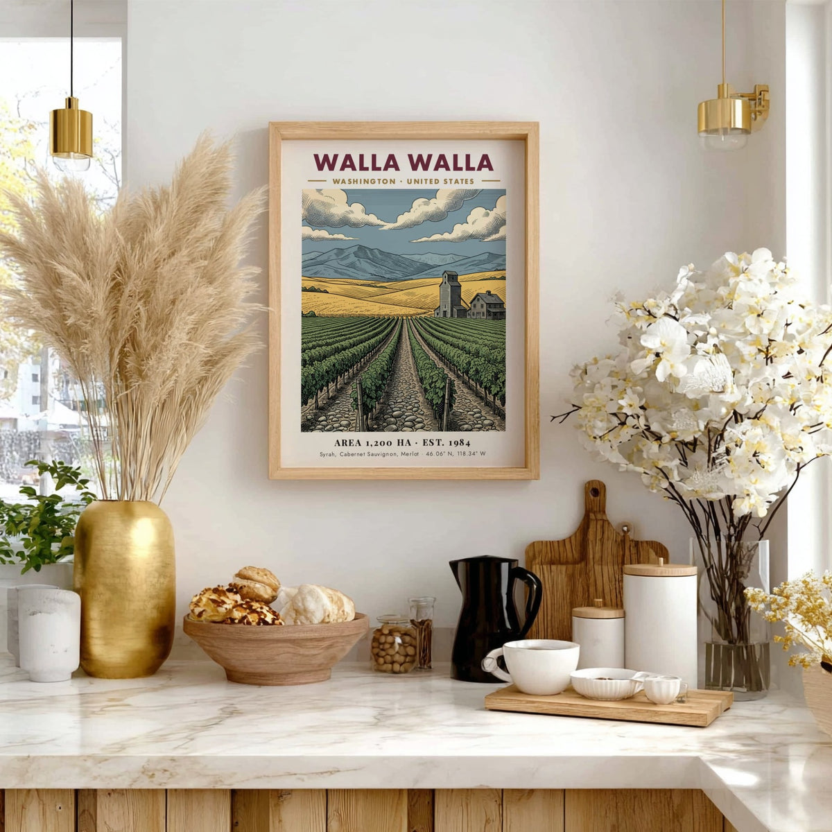 Poster featuring Walla Walla vineyards with golden hills, a farmhouse, and distant mountains.