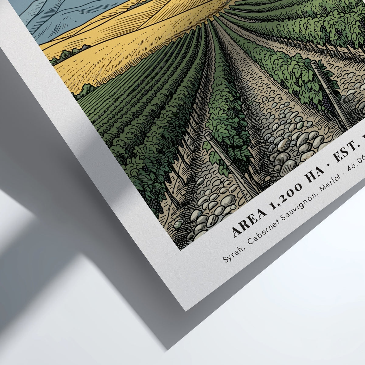 Poster featuring Walla Walla vineyards with golden hills, a farmhouse, and distant mountains.