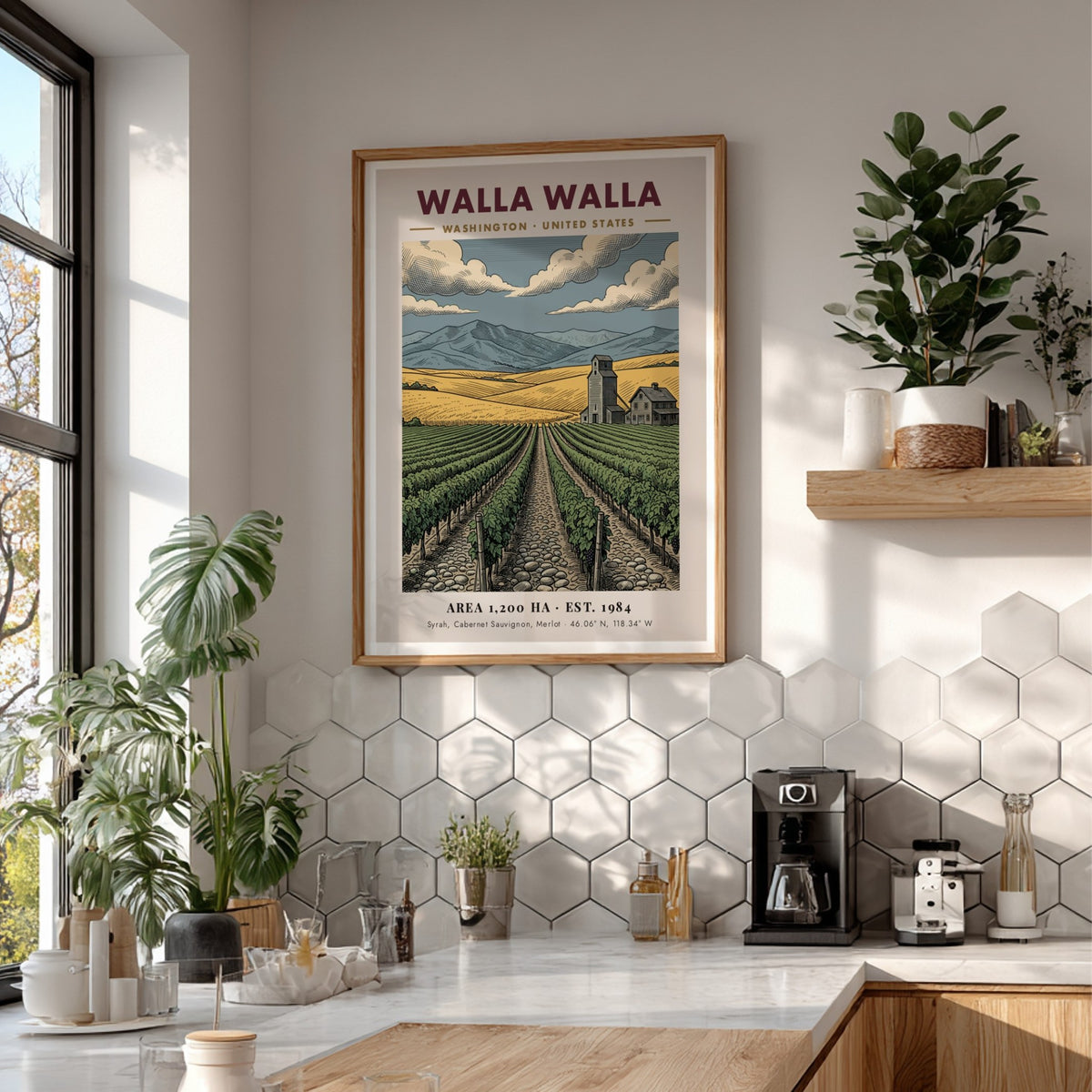 Poster featuring Walla Walla vineyards with golden hills, a farmhouse, and distant mountains.