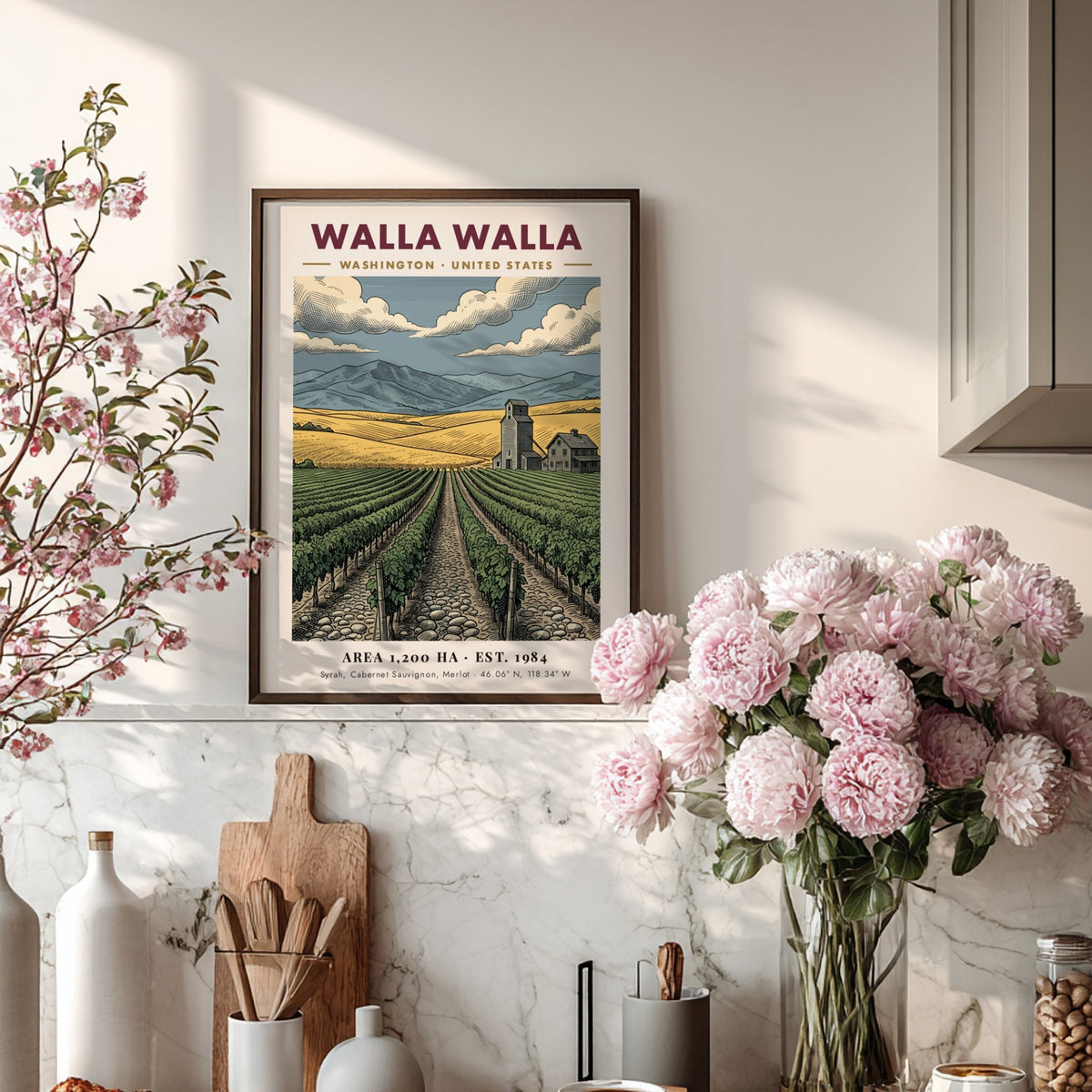 Poster featuring Walla Walla vineyards with golden hills, a farmhouse, and distant mountains.