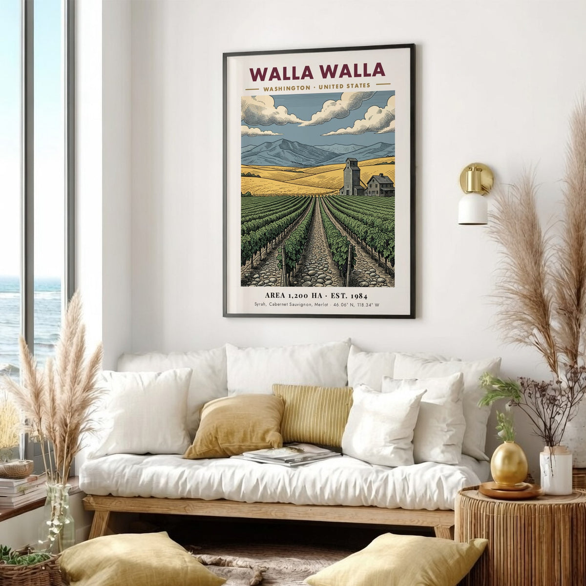 Poster featuring Walla Walla vineyards with golden hills, a farmhouse, and distant mountains.