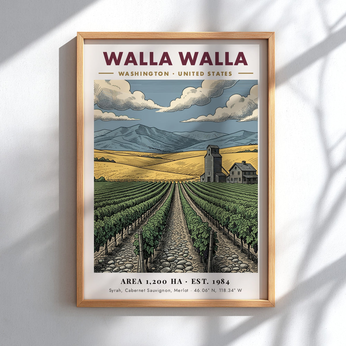 Poster featuring Walla Walla vineyards with golden hills, a farmhouse, and distant mountains.