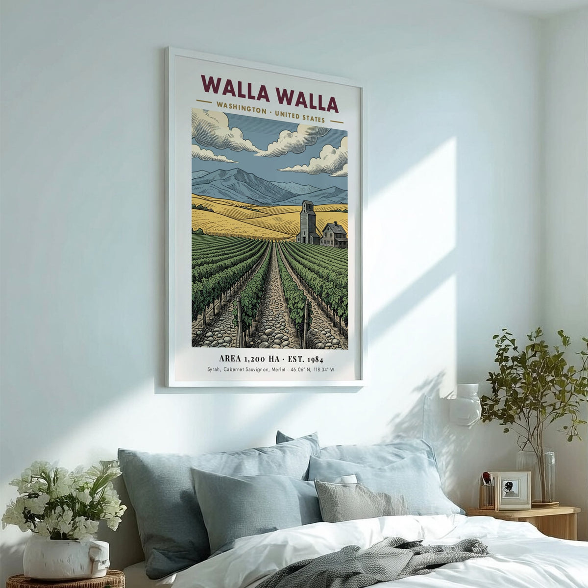 Poster featuring Walla Walla vineyards with golden hills, a farmhouse, and distant mountains.