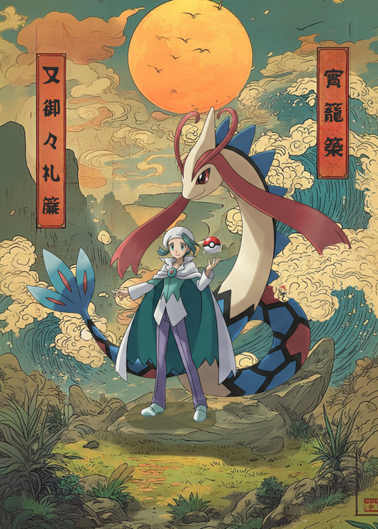 Illustration of Wallace and Milotic Pokemon with a sunset and mountainous background.