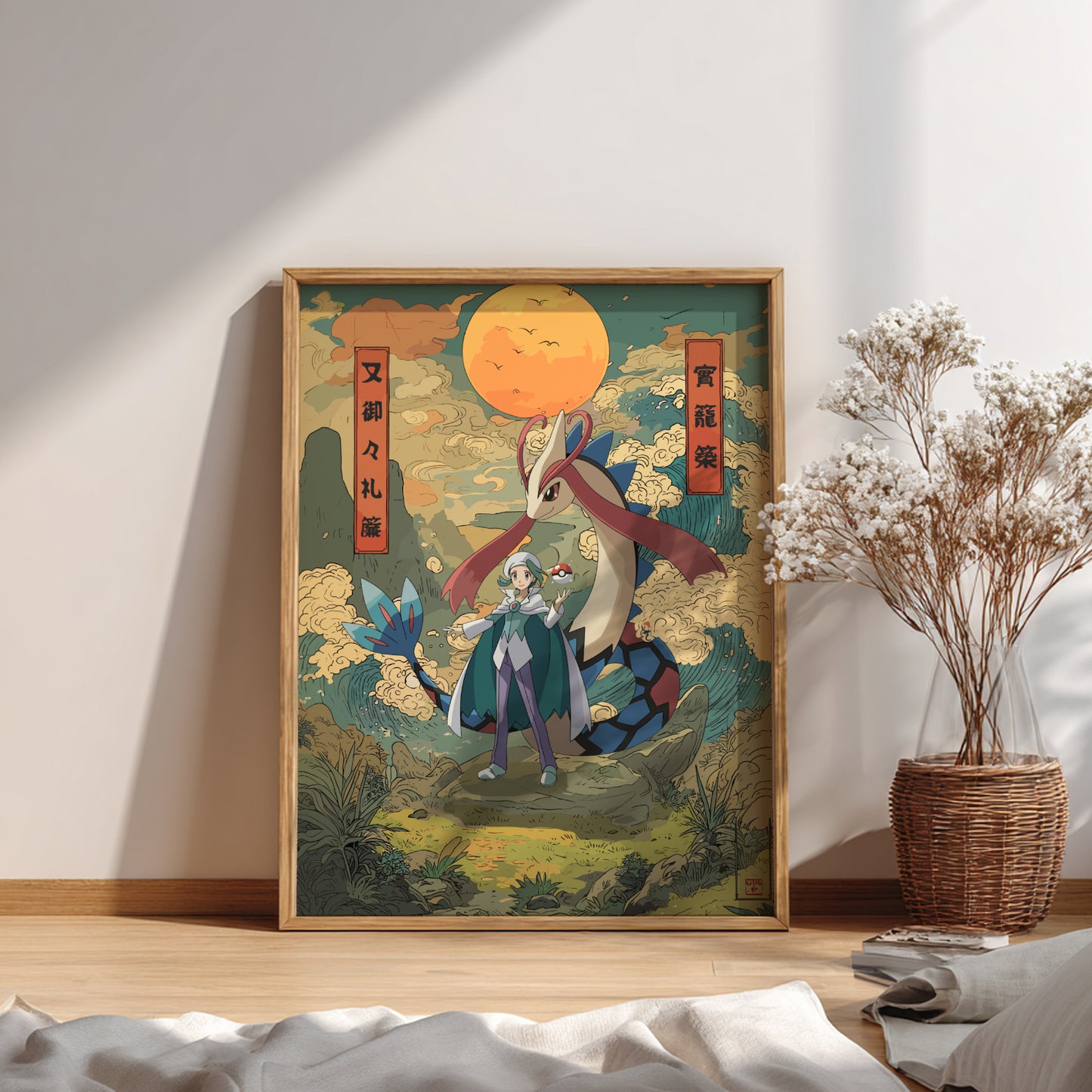 Framed artwork of Wallace and Milotic Pokemon with a large moon in a scenic setting, placed on a wooden floor.