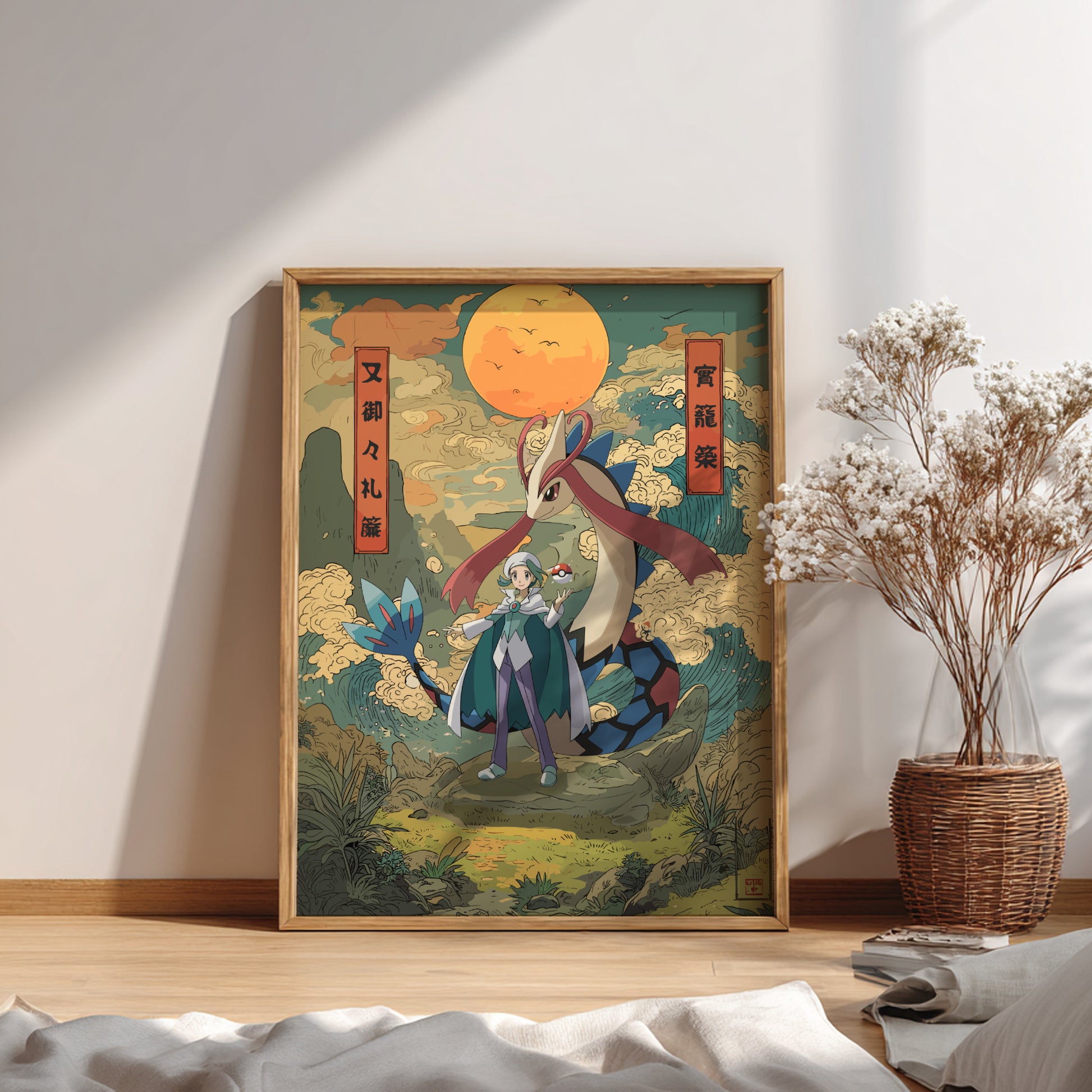 Framed artwork of Wallace and Milotic Pokemon with a large moon in a scenic setting, placed on a wooden floor.