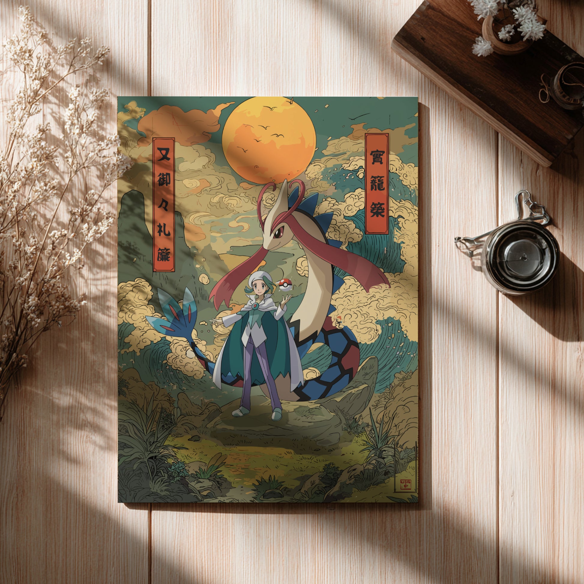 Framed artwork of Wallace and Milotic Pokemon under a moonlit sky on a wooden surface.