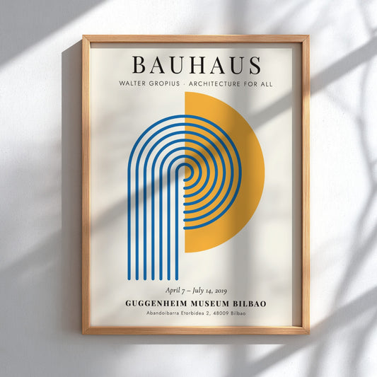 Bauhaus poster featuring Walter Gropius design with geometric shapes in blue and orange