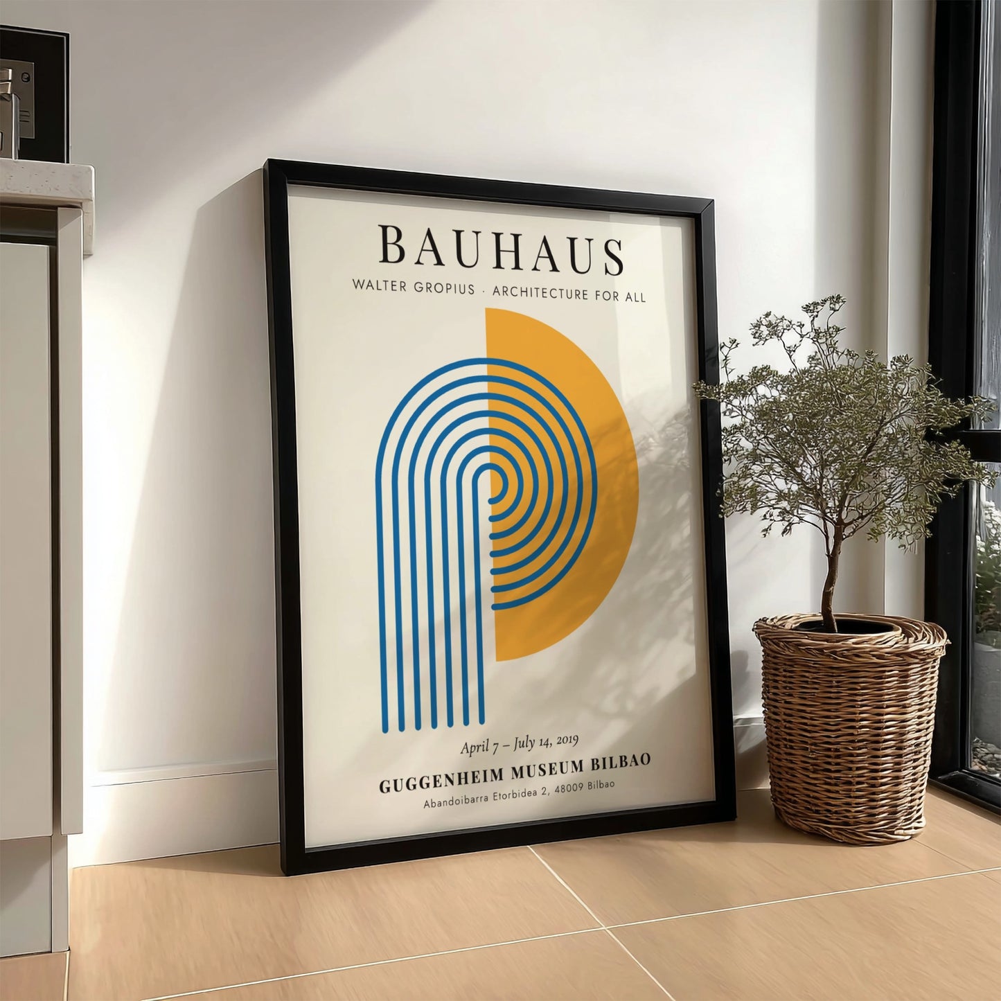 Bauhaus poster featuring Walter Gropius design with geometric shapes in blue and orange