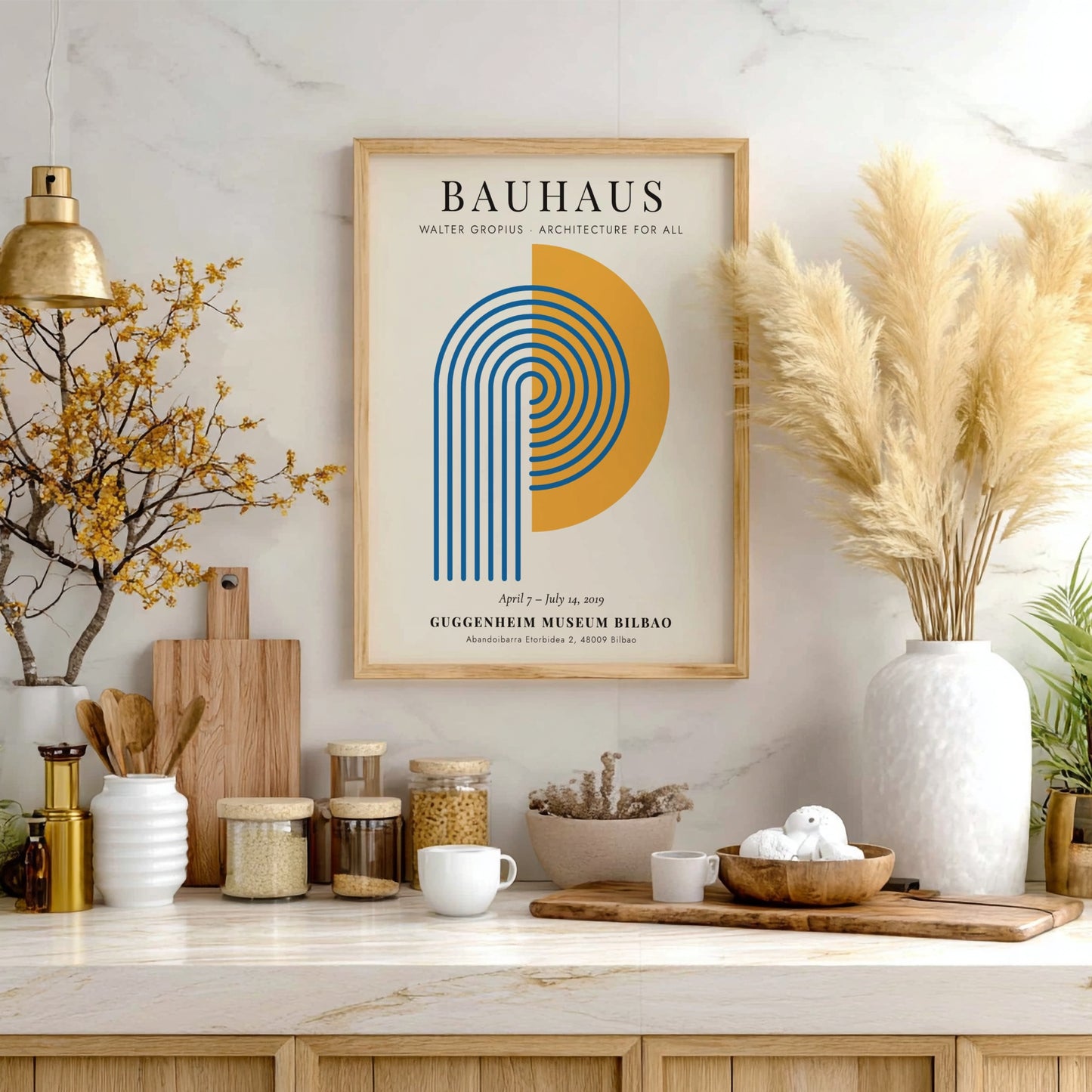 Bauhaus poster featuring Walter Gropius design with geometric shapes in blue and orange