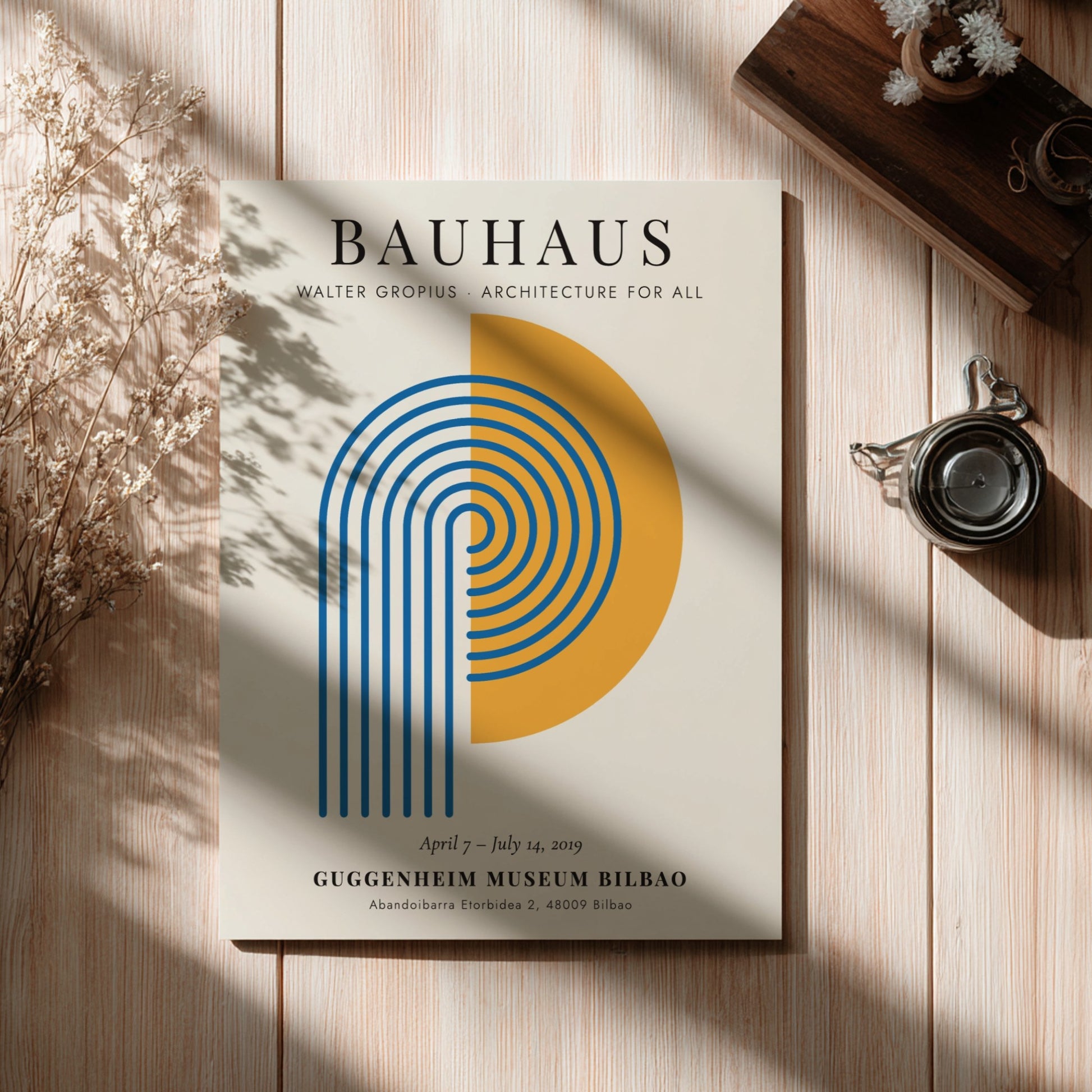 Bauhaus poster featuring Walter Gropius design with geometric shapes in blue and orange