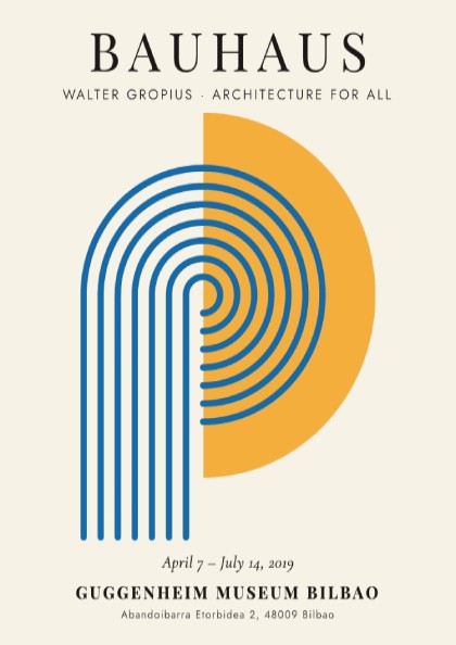 Bauhaus poster featuring Walter Gropius design with geometric shapes in blue and orange