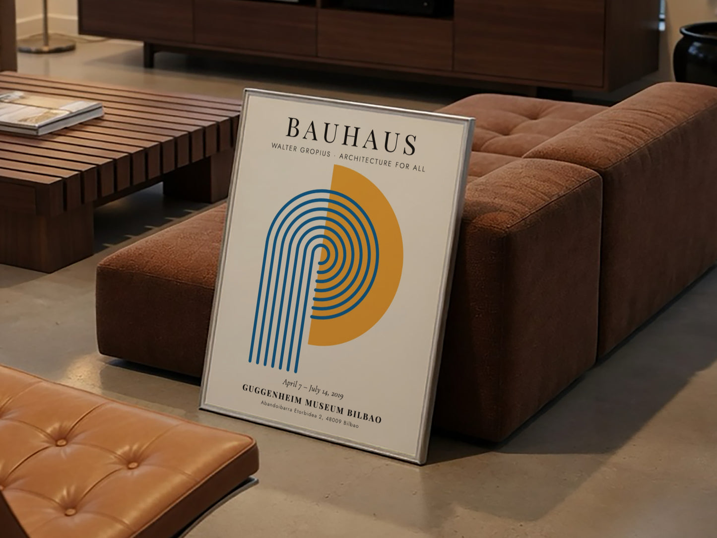 Bauhaus poster featuring Walter Gropius design with geometric shapes in blue and orange