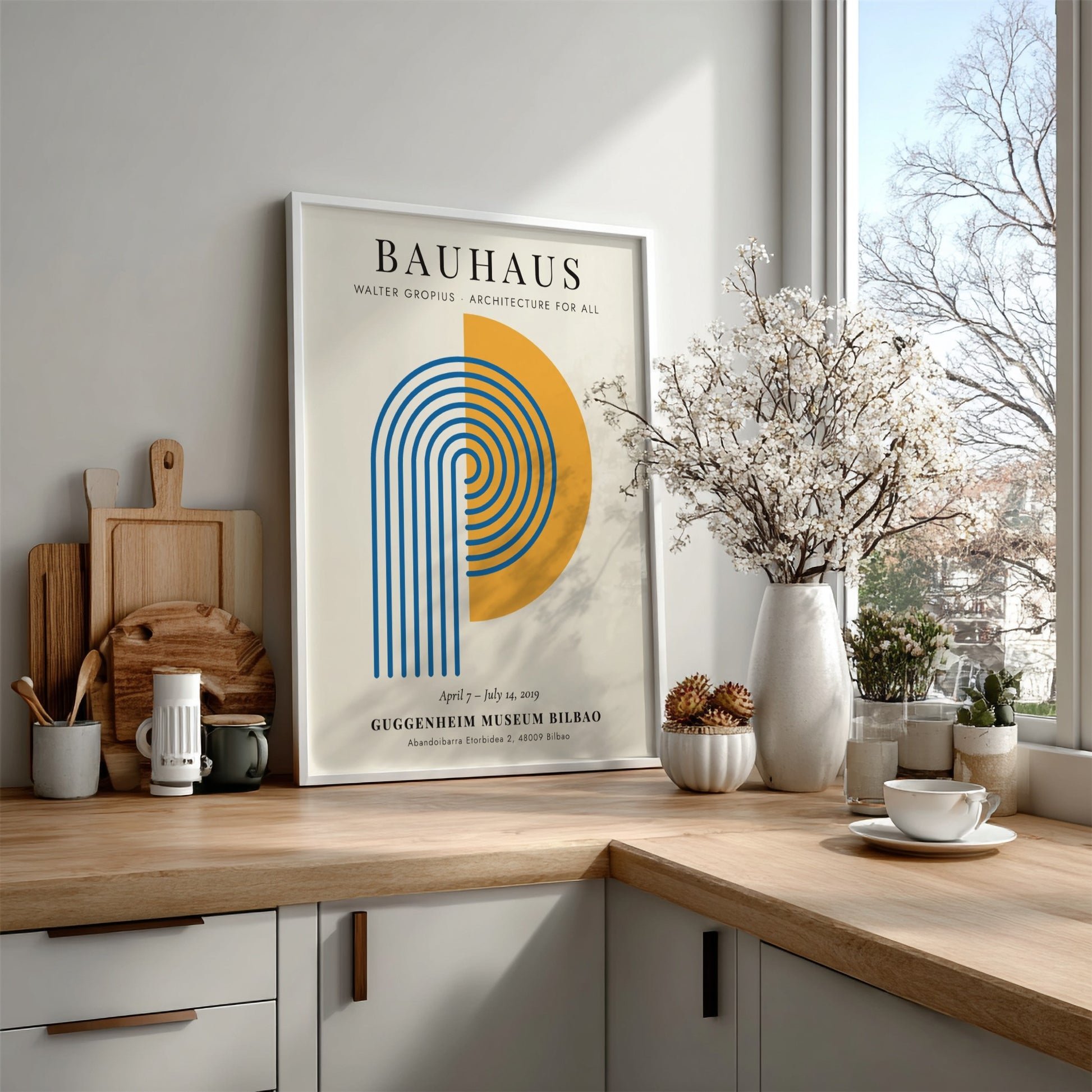 Bauhaus poster featuring Walter Gropius design with geometric shapes in blue and orange