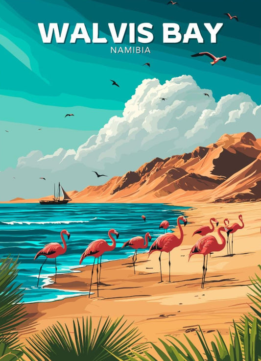 A vibrant travel poster featuring Walvis Bay, Namibia, with the ocean, dunes, and flamingos. The poster has a lush color palette with an illustration of a boat, mountain in the background, and a clear sky.
